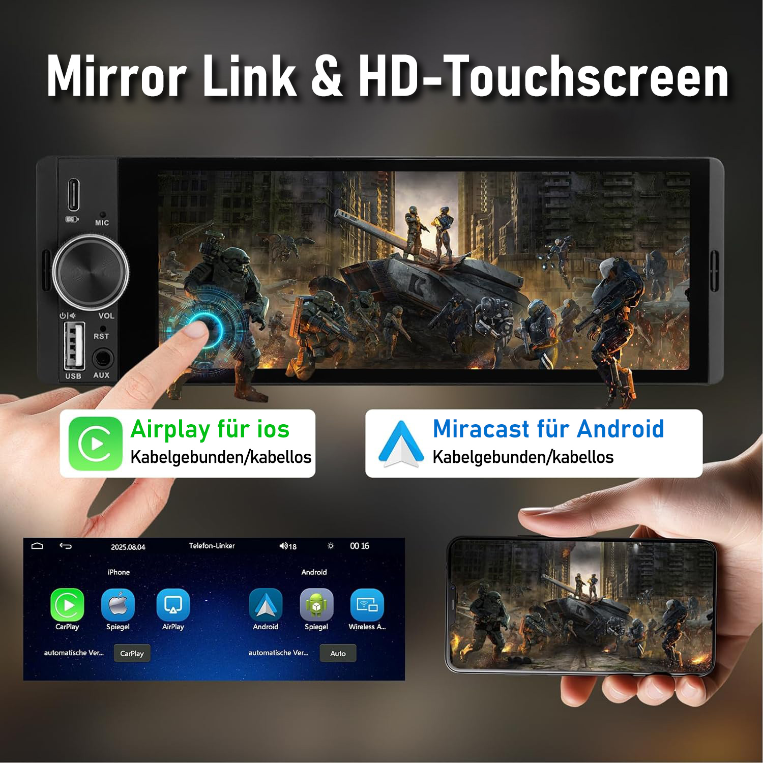 Ein Touchscreen-Autoradio zeigt ein Spiel mit Soldaten und Panzern. Es unterstützt Airplay und Miracast.