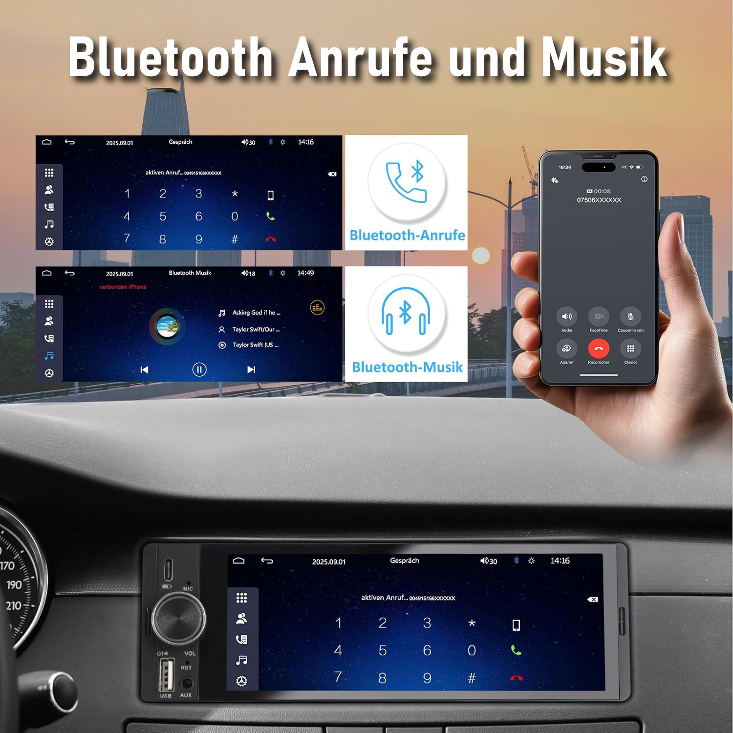 Das Bild zeigt eine Collage aus einer Auto-Infotainmentsystem-Oberfläche, einem Smartphone und Symbolen.