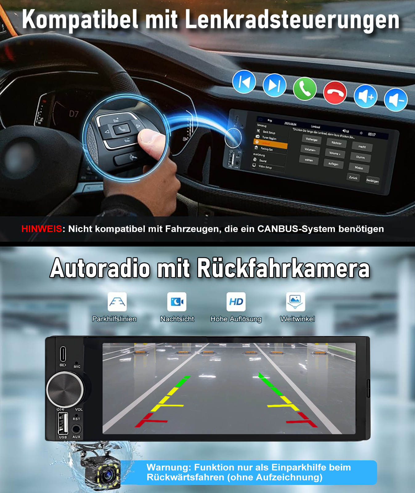 Autoradio mit Rückfahrkamera und Lenkradsteuerungskompatibilität.