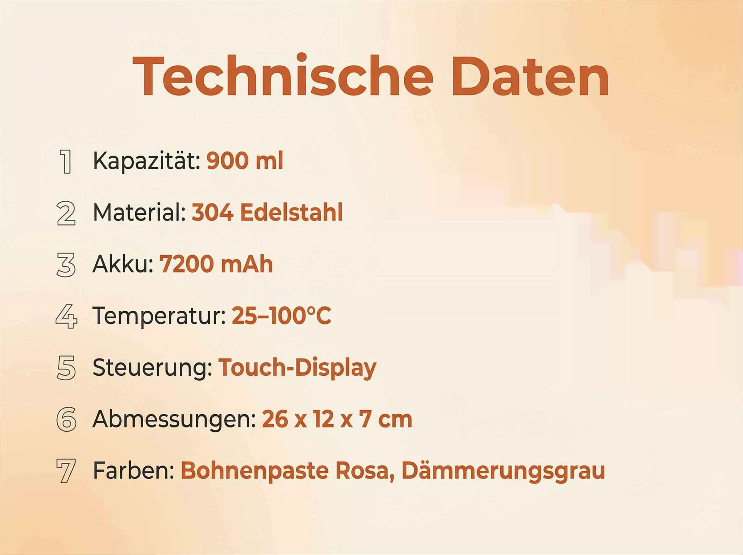 Technische Daten: Kapazität 900ml, Edelstahl, 7200mAh Akku, 25-100°C.