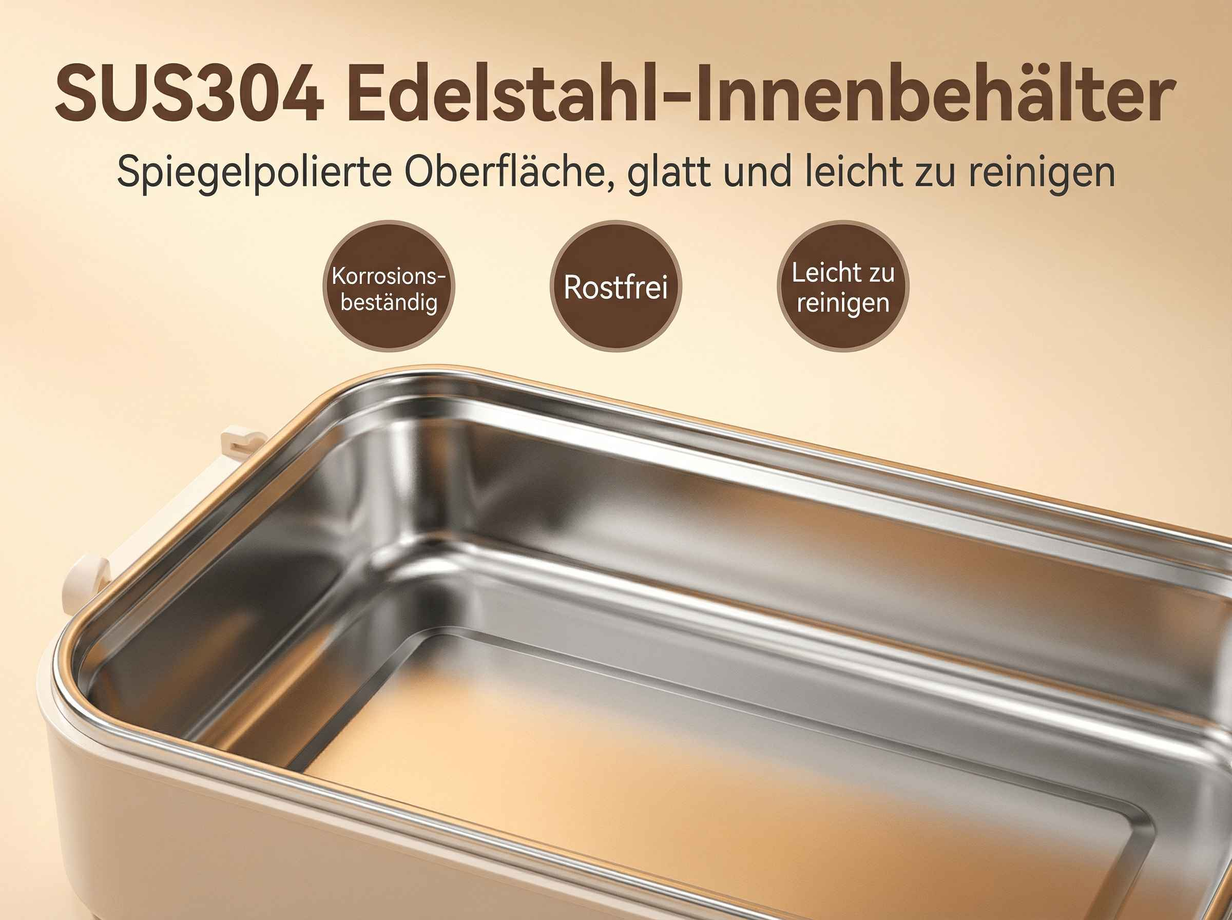 Edelstahl-Innenbehälter mit polierter, glatter Oberfläche. Rostfrei.
