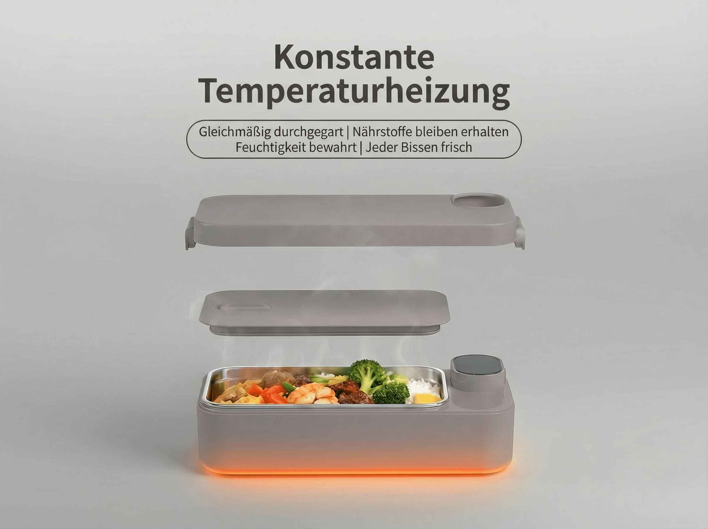 Ein grauer Brotdosen-Behälter mit Essen und Dampf, beleuchtet von unten.