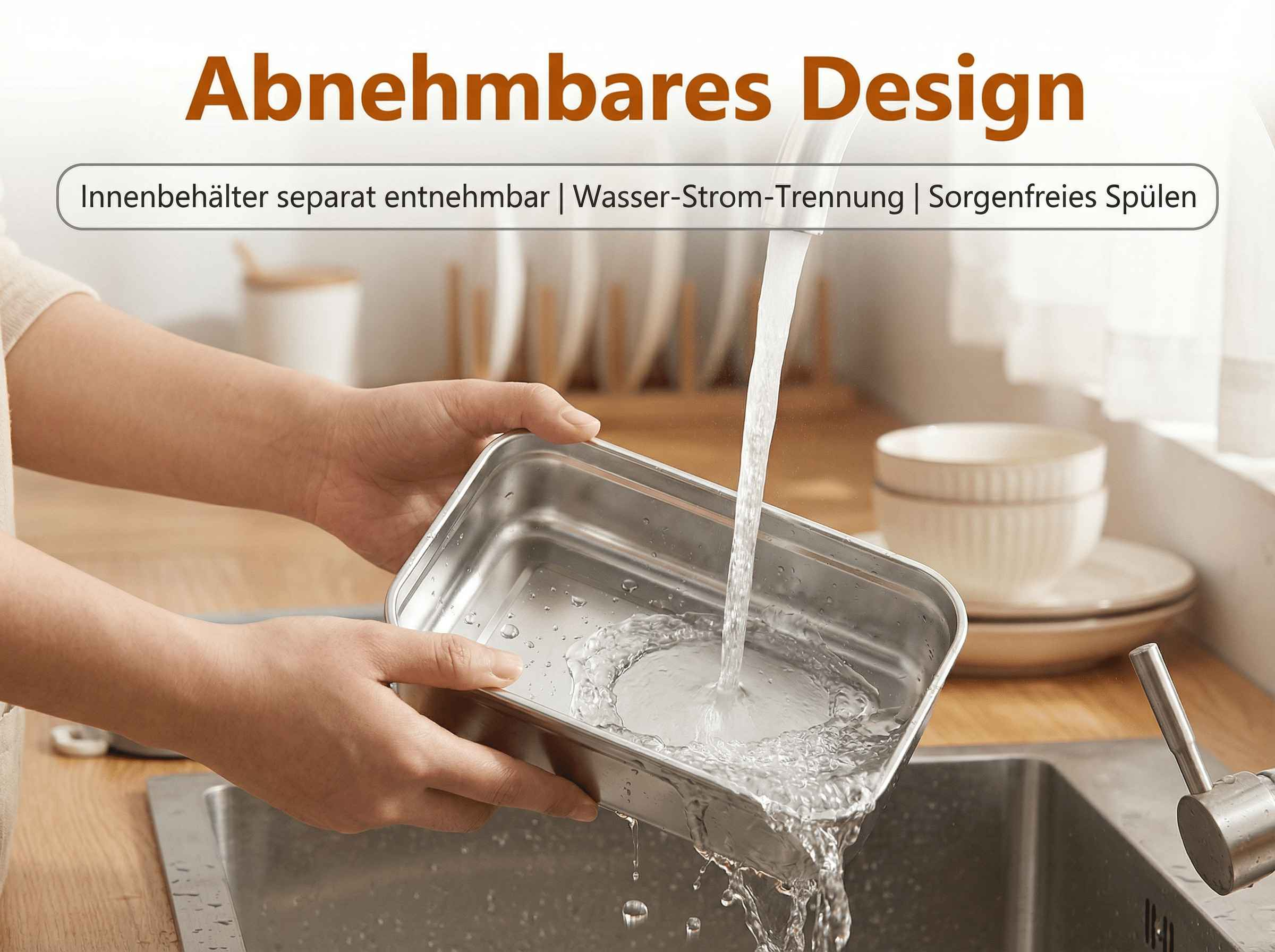 Hände spülen einen Metallbehälter unter fließendem Wasser in einer Spüle.