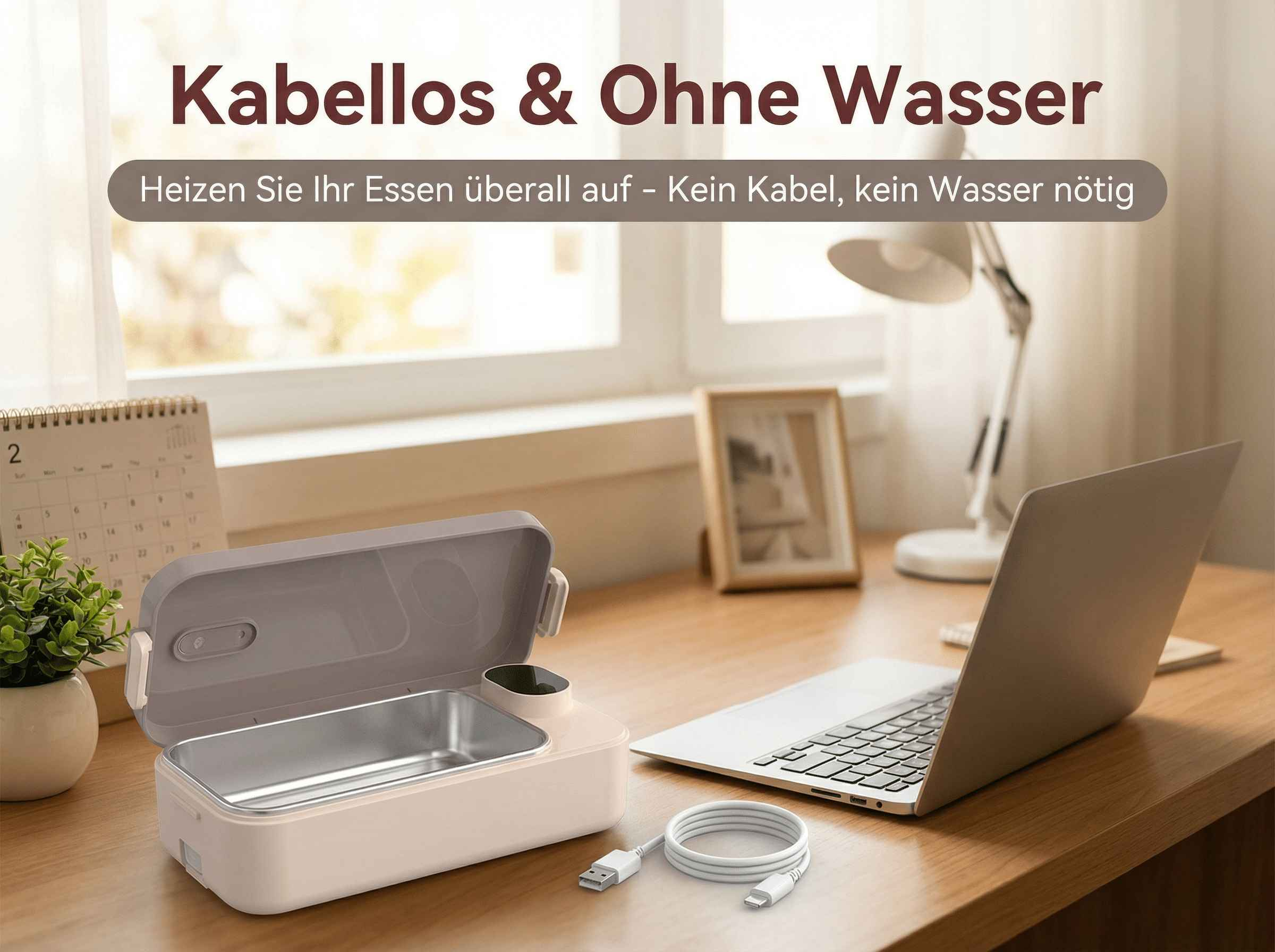 Ein tragbarer Lunchbox-Heizer mit Laptop, Kabel und Kalender auf einem Schreibtisch.
