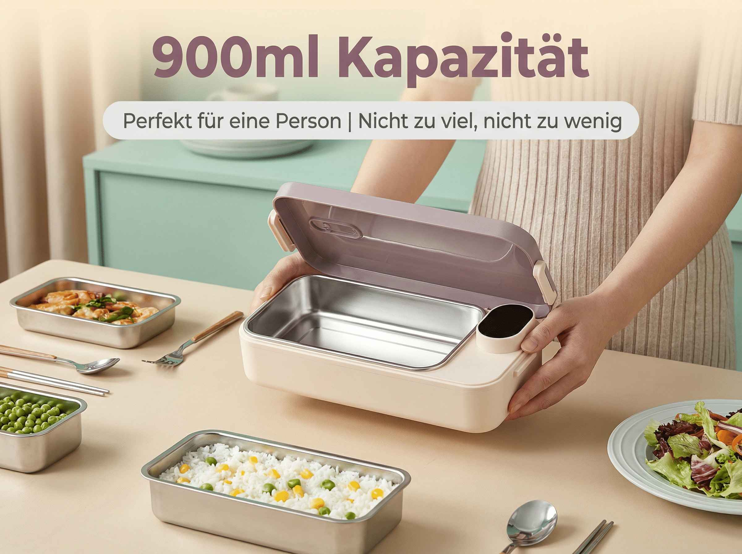Eine Person öffnet einen Essensbehälter mit Reis, Erbsen und Fleisch.