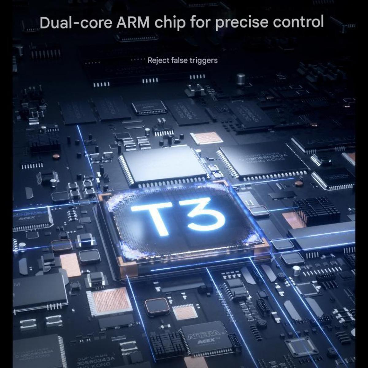 Ein komplexer Computerchip mit der Aufschrift T3 leuchtet blau auf einer Leiterplatte.