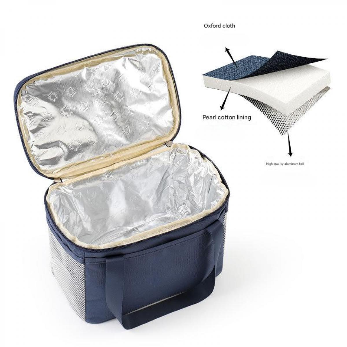 Dunkelblaue Kühltasche mit silbernem Innenfutter und Netzseitenteilen.