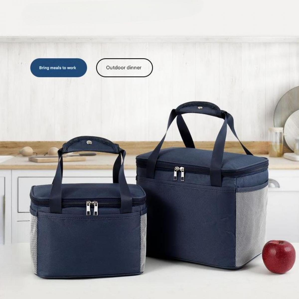 Zwei dunkelblaue Kühltaschen, eine klein, eine groß, mit Henkeln und Reißverschluss.