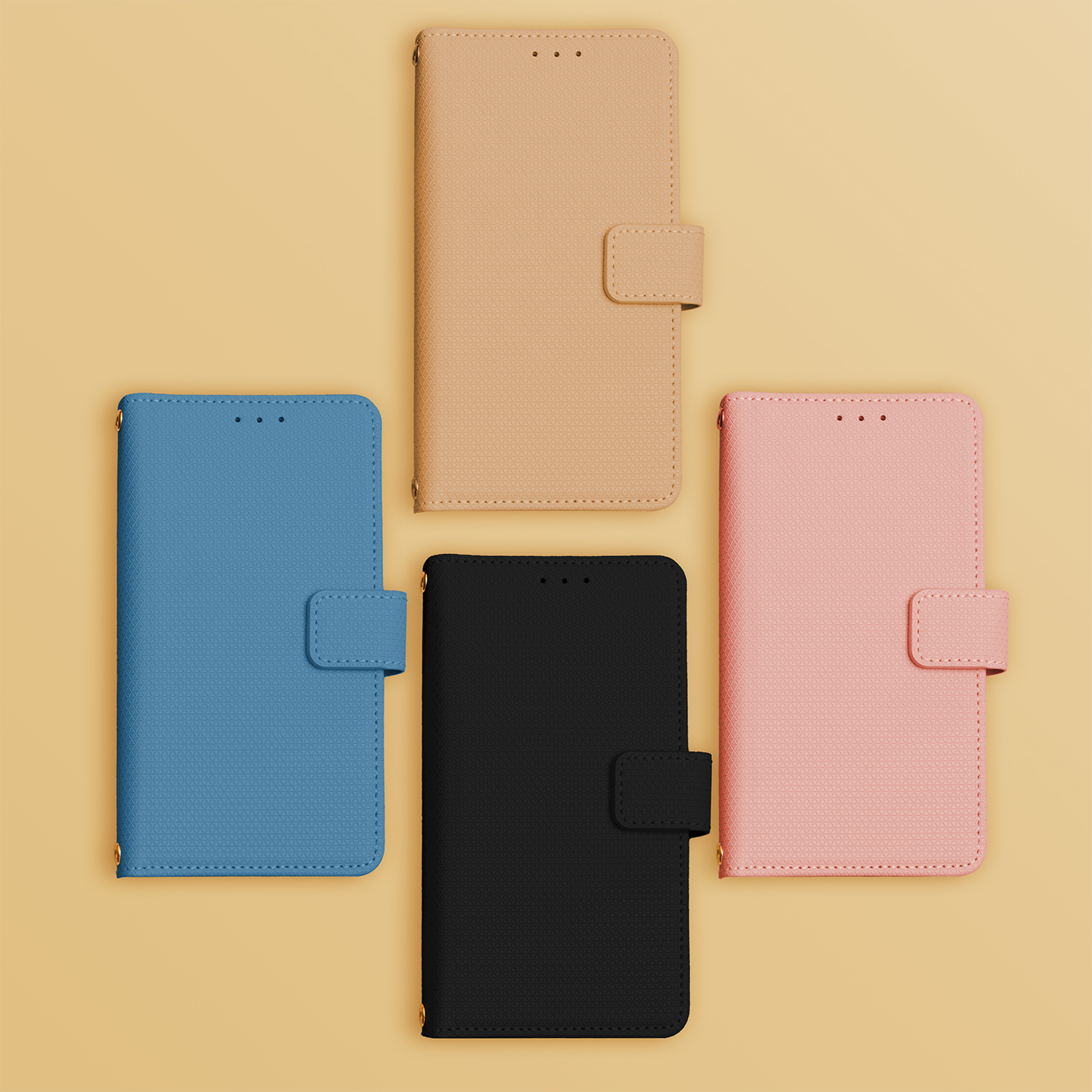 Vier Handyhüllen in Rosa, Blau, Schwarz und Beige auf gelbem Hintergrund.