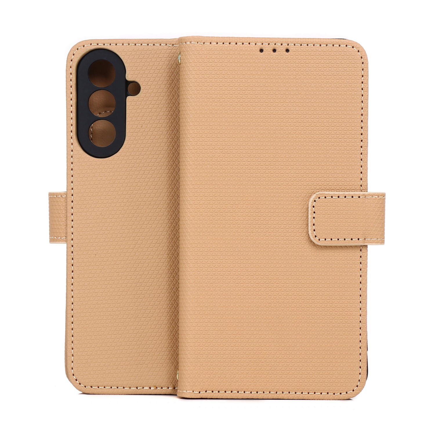 Beige Handyhülle mit Kameraöffnung und Verschluss.