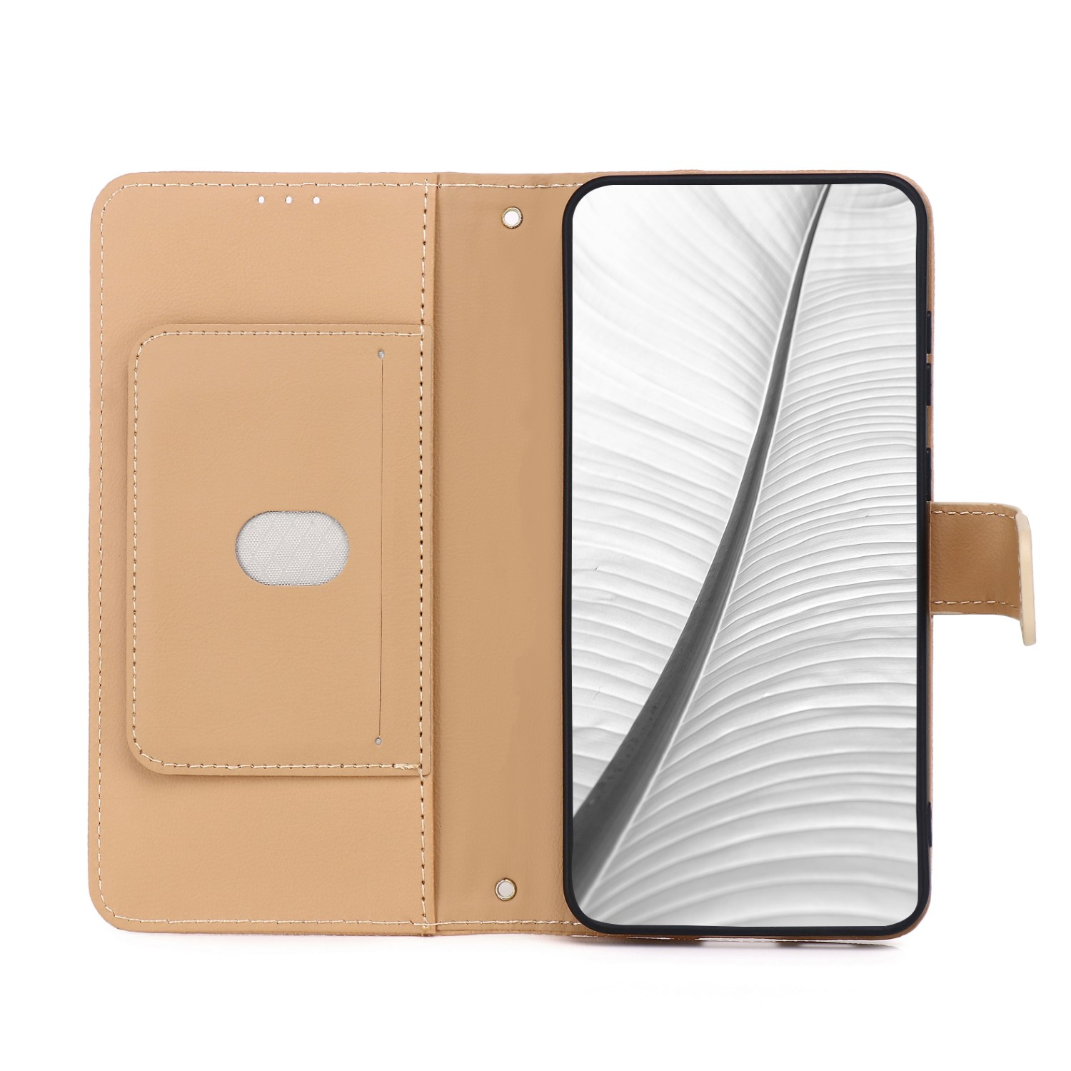 Ein braunes Handycover mit Kartenfächern und einem Handy mit Blattmuster.