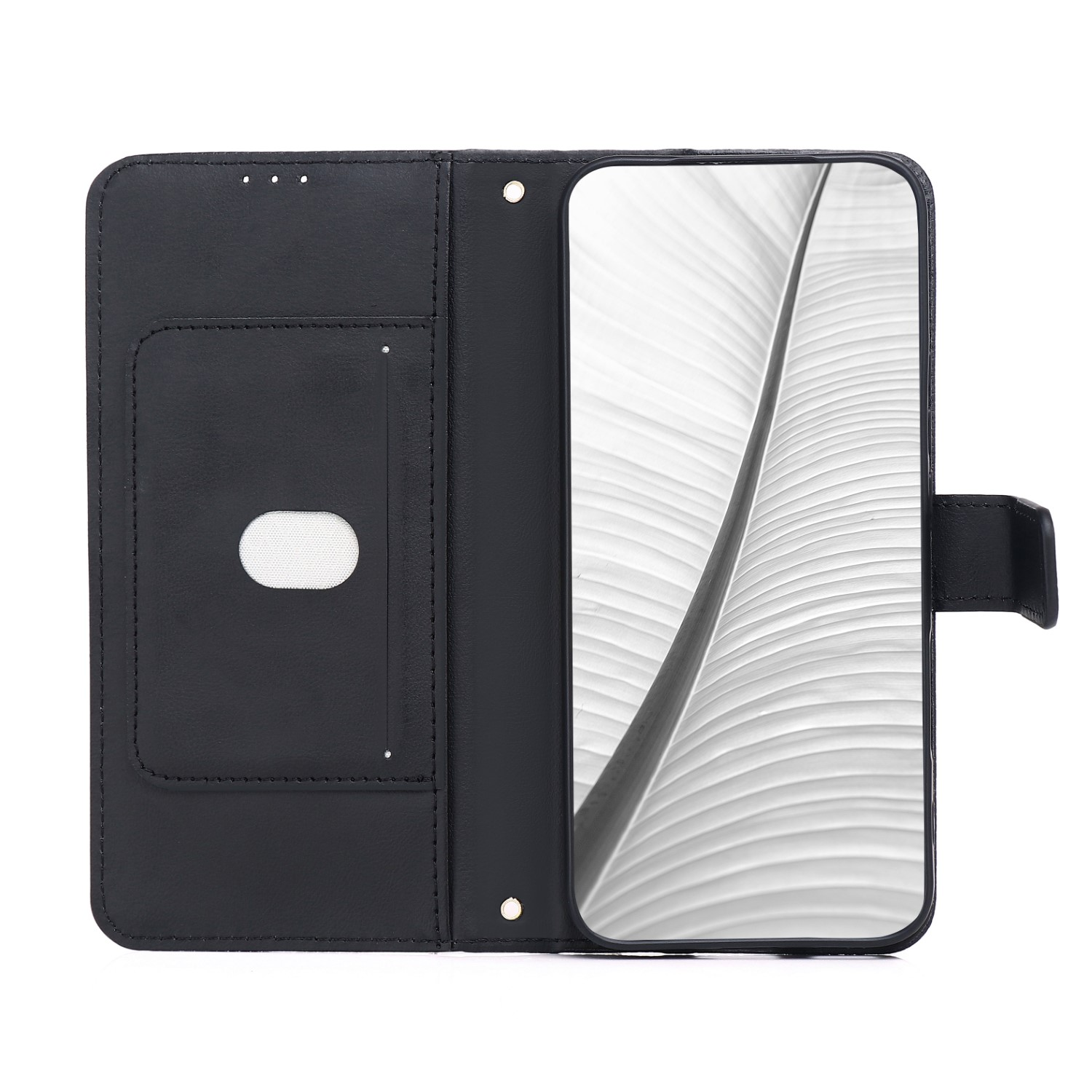 Schwarzes Smartphone-Flipcase mit einer Blattader-Grafik auf dem Bildschirm.