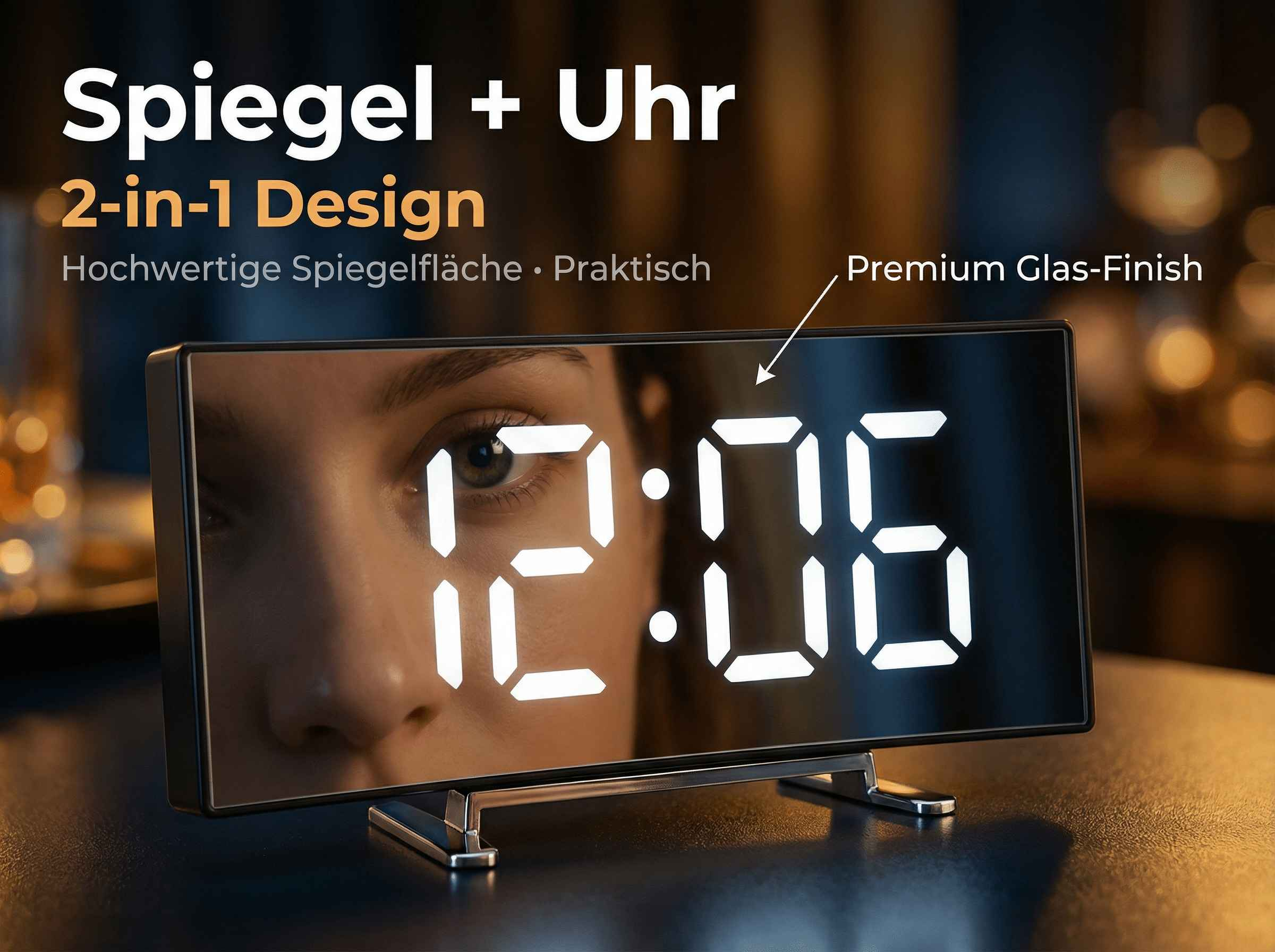 Ein digitaler Wecker mit Spiegel und silbernem Ständer zeigt 12:06.