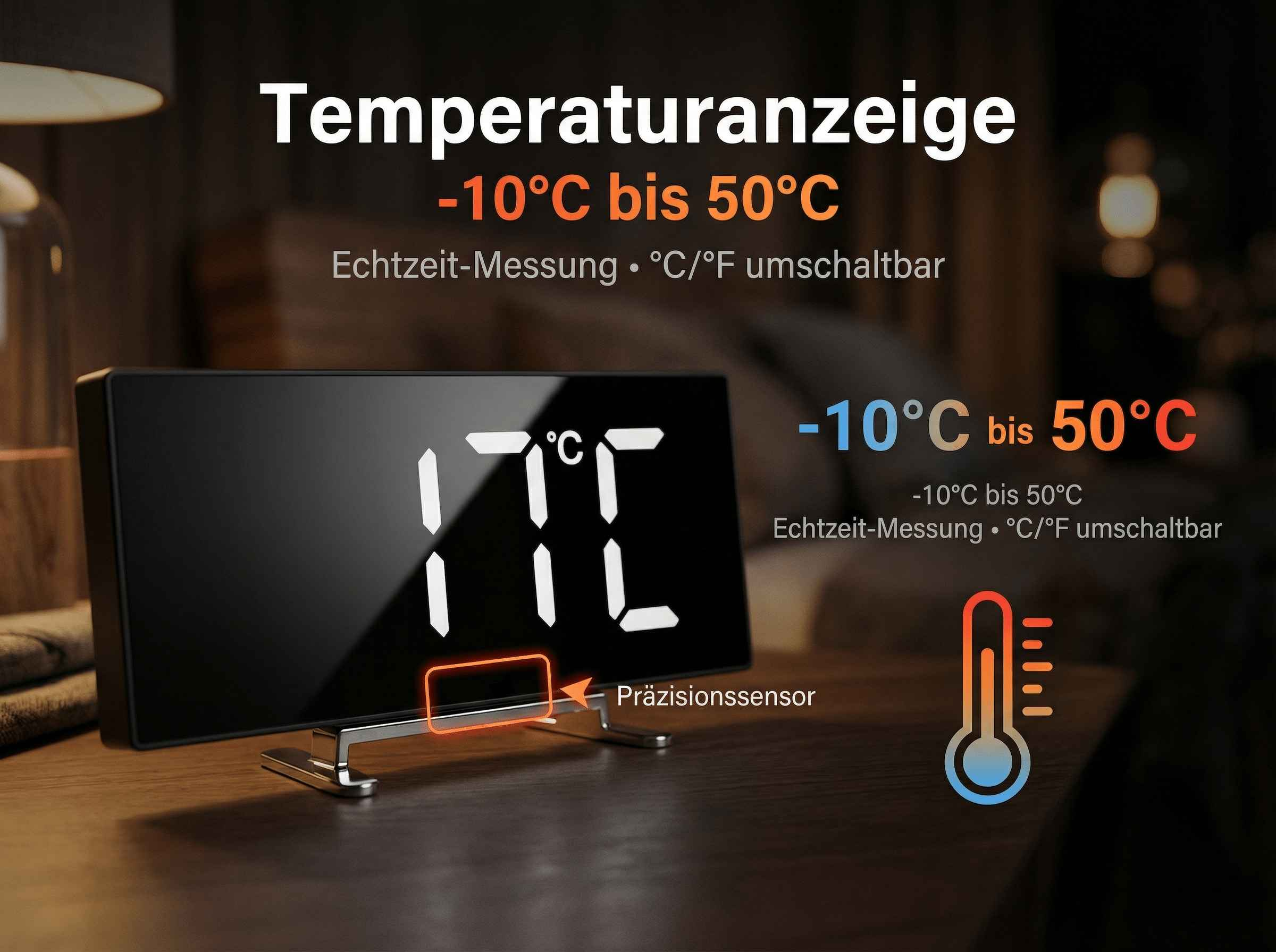 Digitaluhr zeigt 17°C an, mit Temperaturbereich von -10°C bis 50°C.