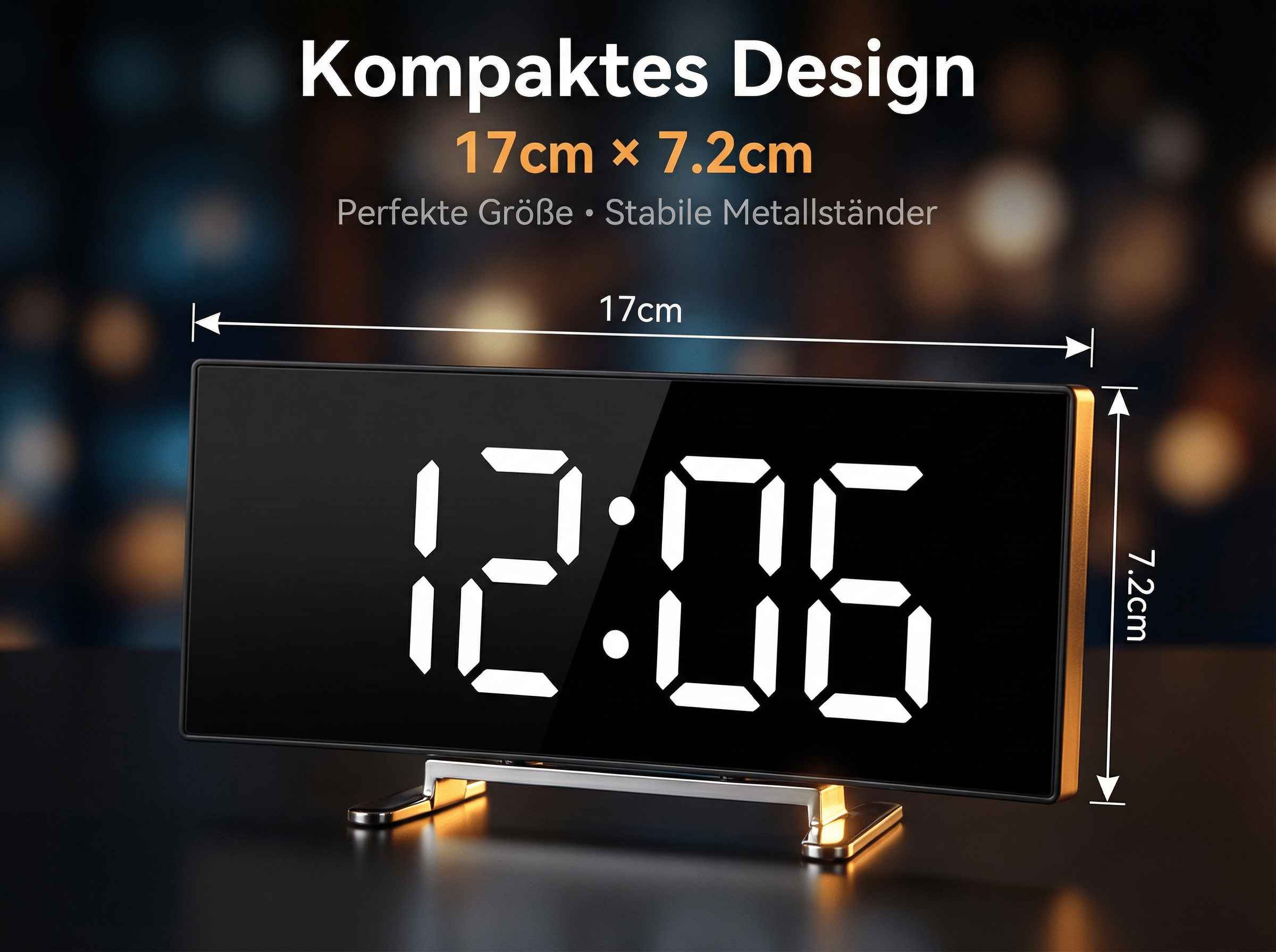 Digitaluhr zeigt 12:06, Maße 17x7.2cm, silberner Ständer.