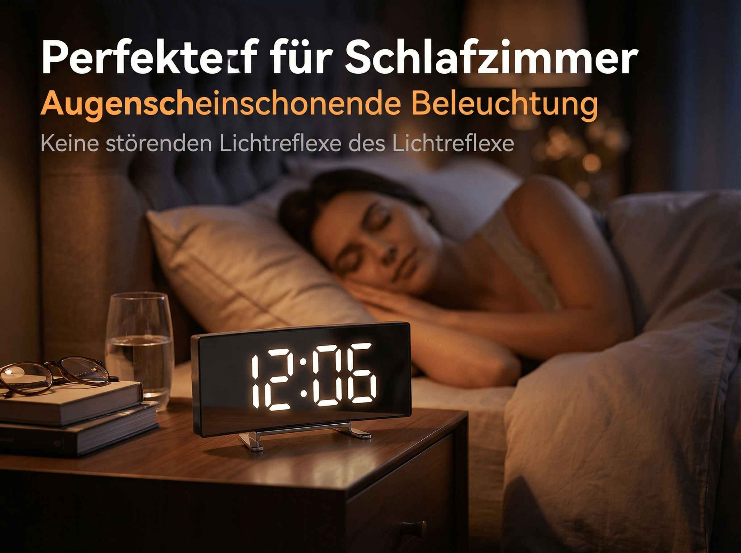 Ein digitaler Wecker zeigt 12:06 Uhr an, daneben liegt eine Brille auf Büchern.