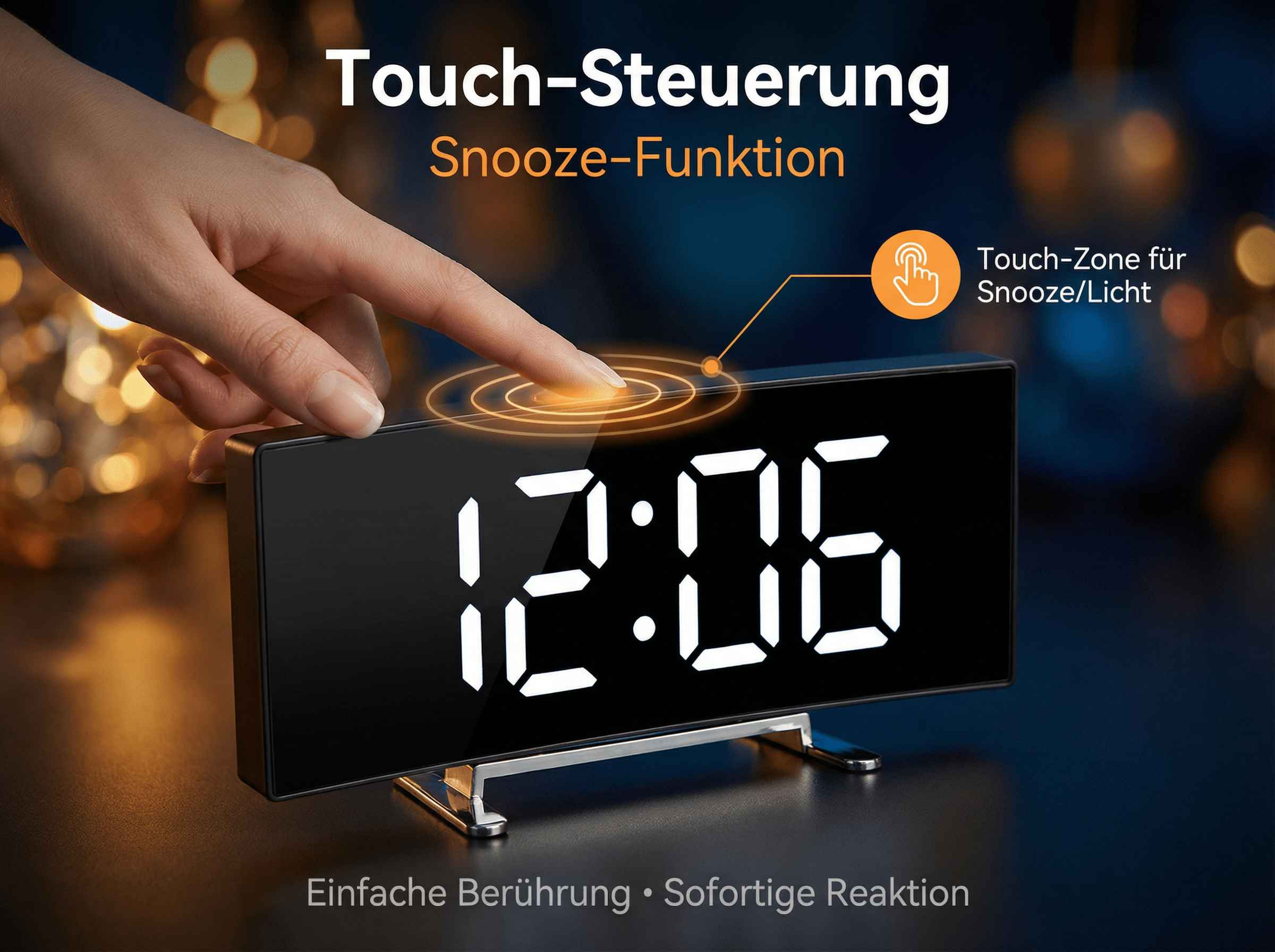 Ein Finger tippt auf einen digitalen Wecker, der 12:06 anzeigt.