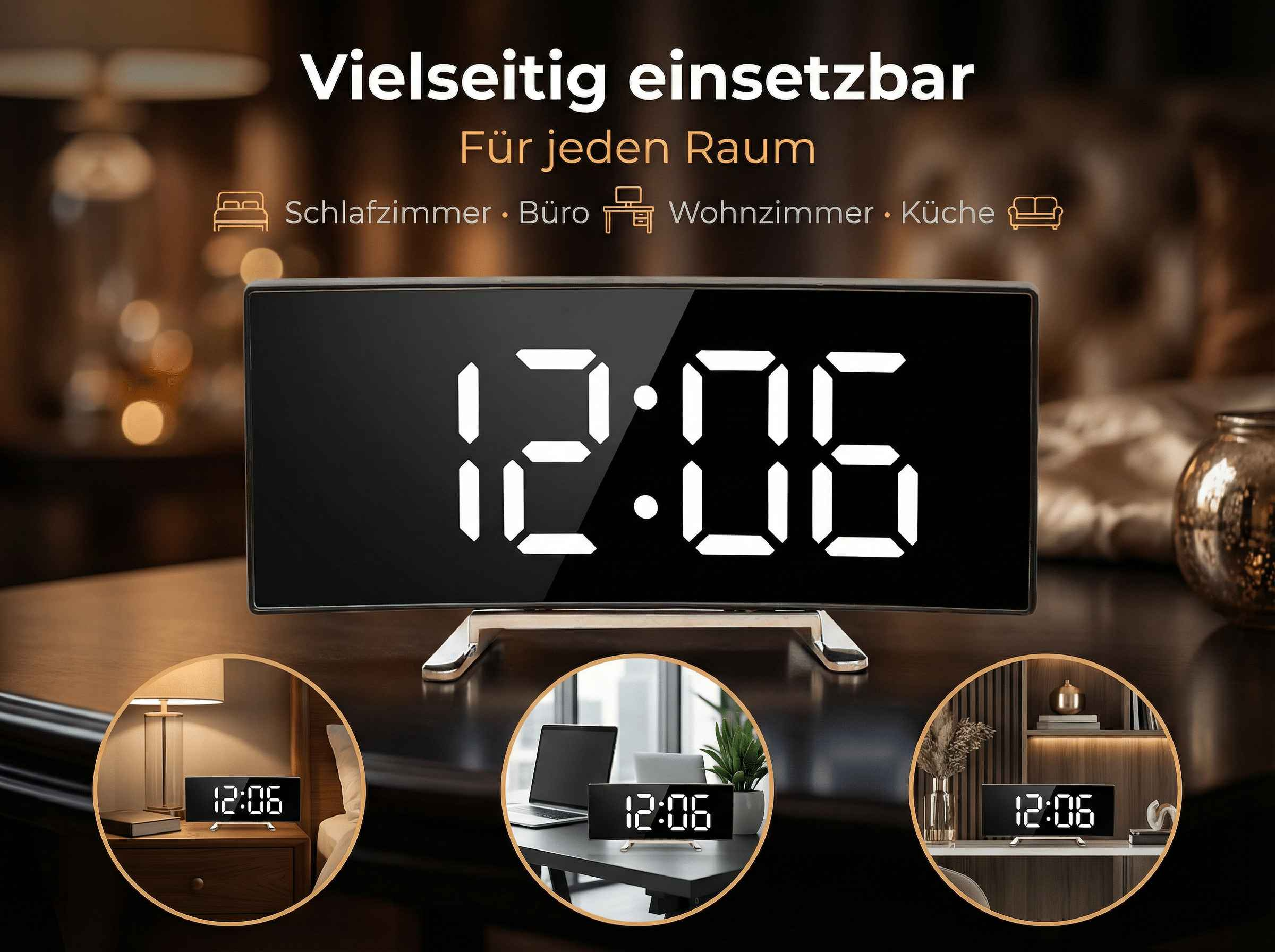 Digitaler Wecker zeigt 12:06. Vielseitig einsetzbar in Schlafzimmer, Büro, Wohnzimmer, Küche.
