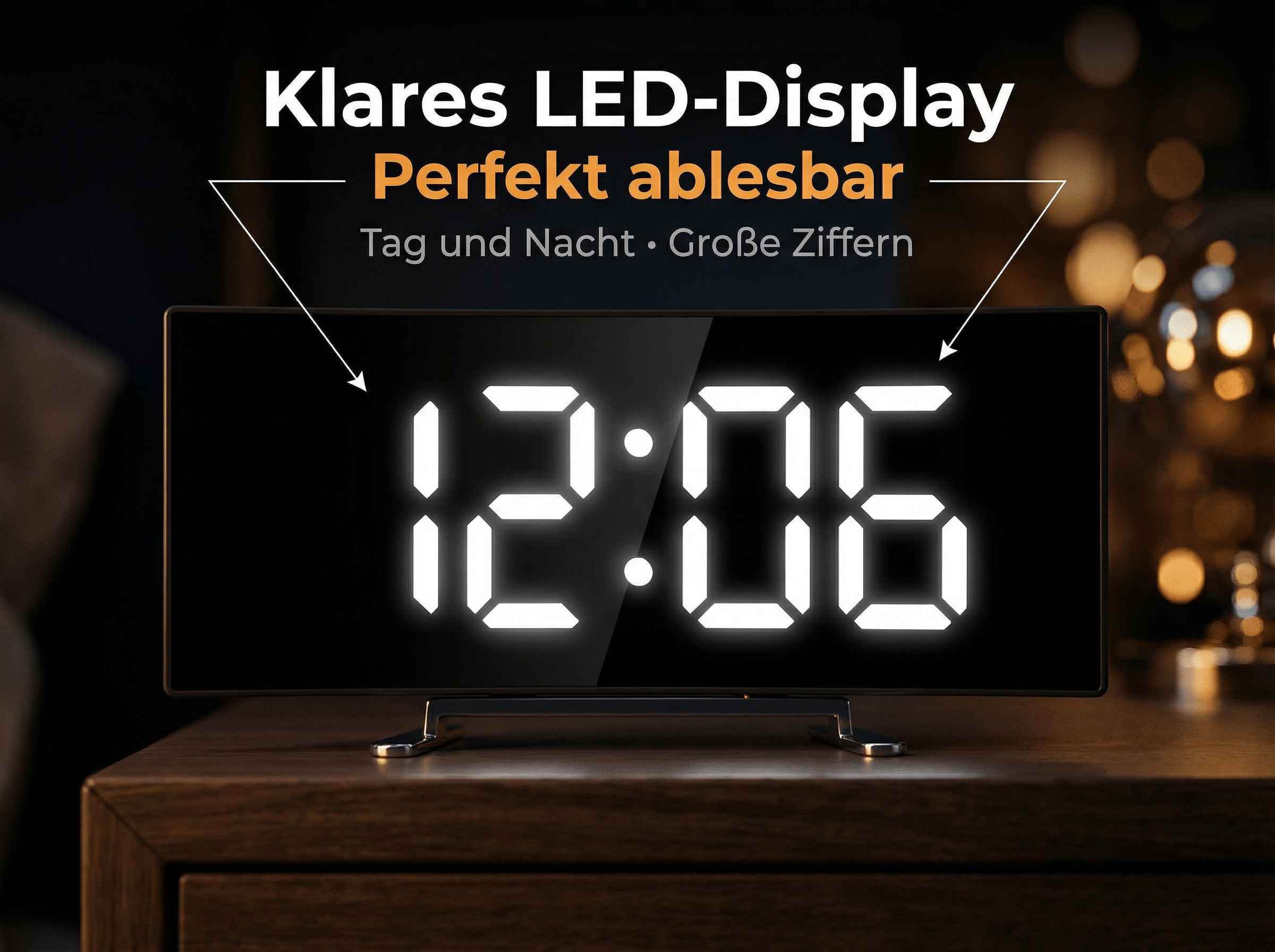 Digitaluhr zeigt 12:06 mit weißen Ziffern auf schwarzem Hintergrund.