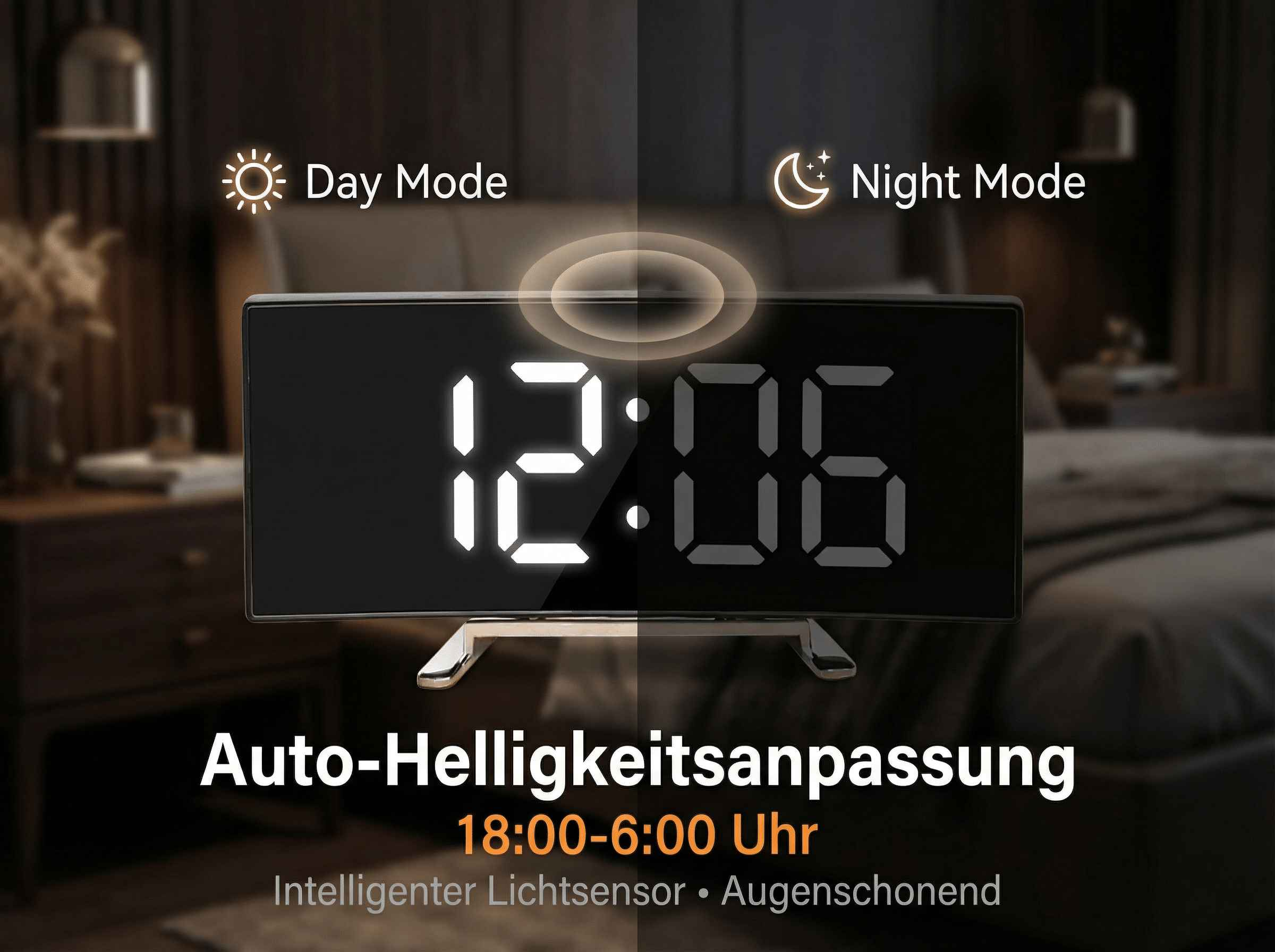 Digitaluhr mit Tag- und Nachtmodus, zeigt 12:06 an. Automatische Helligkeit.