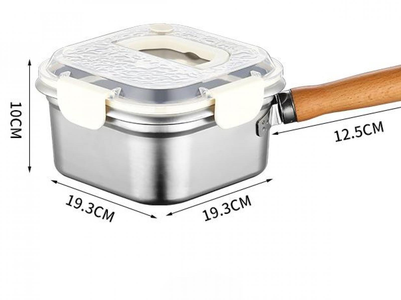 Quadratischer Edelstahl-Lunchbox mit Holzgriff und transparentem Deckel.