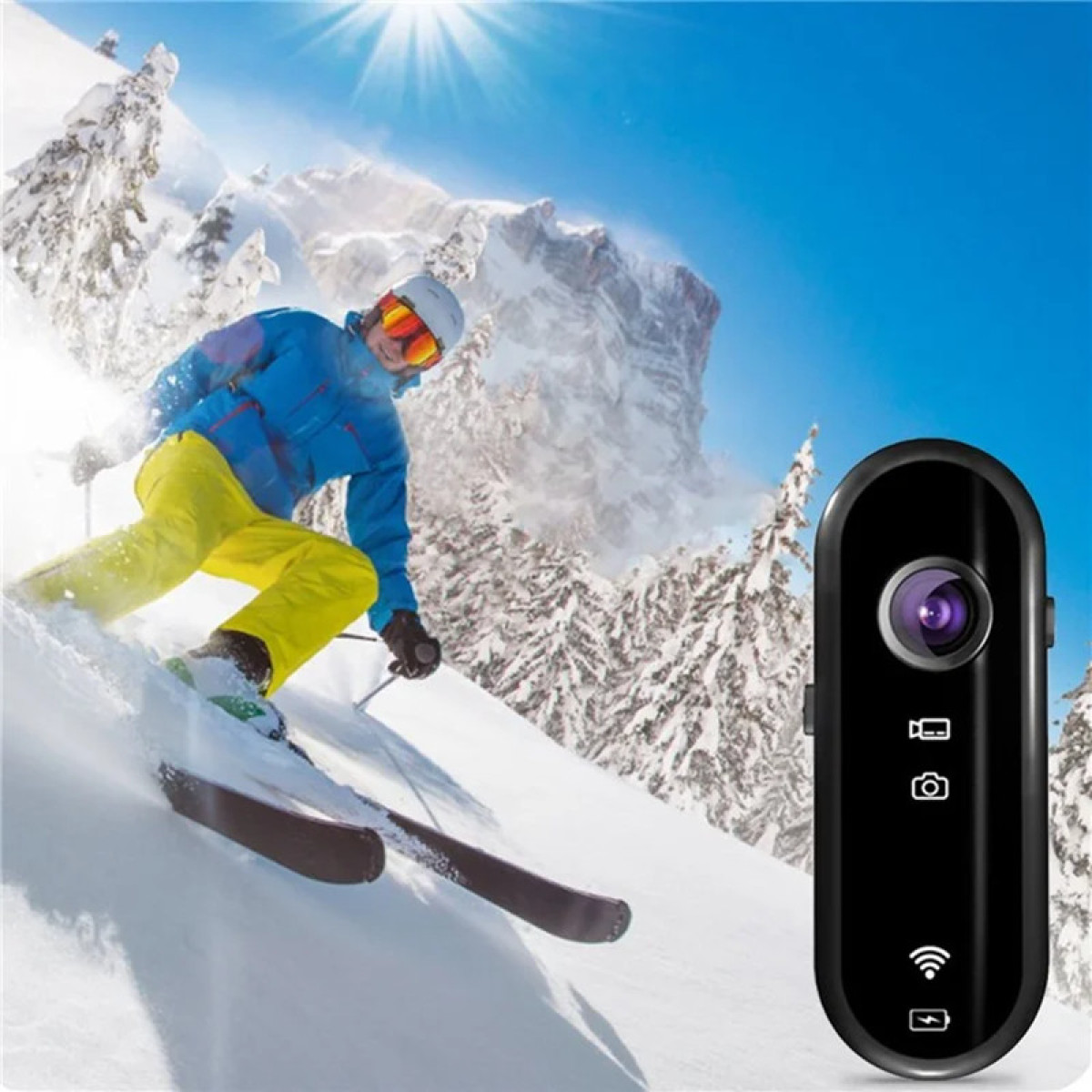 Skifahrer auf einer schneebedeckten Piste, daneben eine Actionkamera.