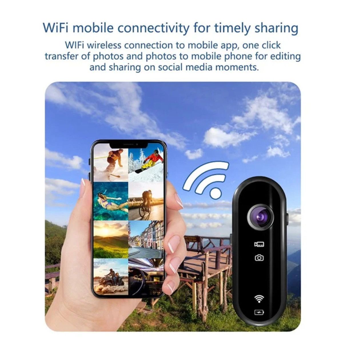Ein Smartphone zeigt Collagen, daneben eine Kamera. Wolkenhimmel.
