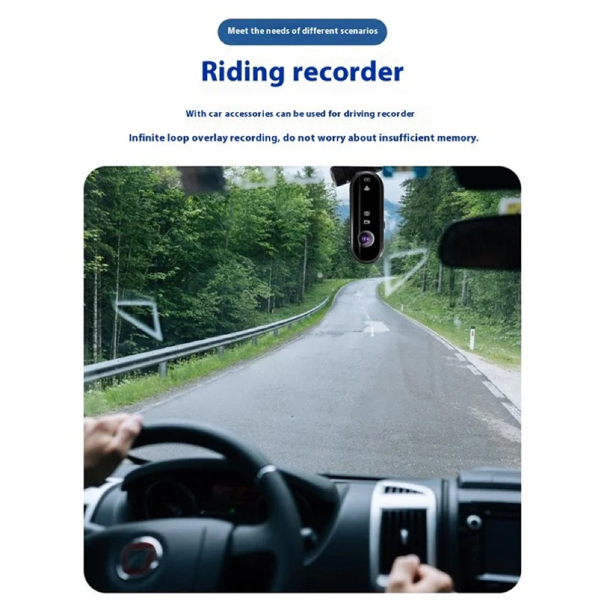 Blick aus dem Auto auf eine Straße mit Fahrersicht und einer Kamera am Armaturenbrett.
