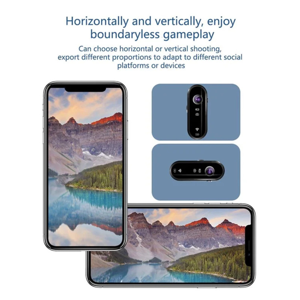 Zwei Smartphones zeigen Berglandschaft; kleine Kameras daneben.