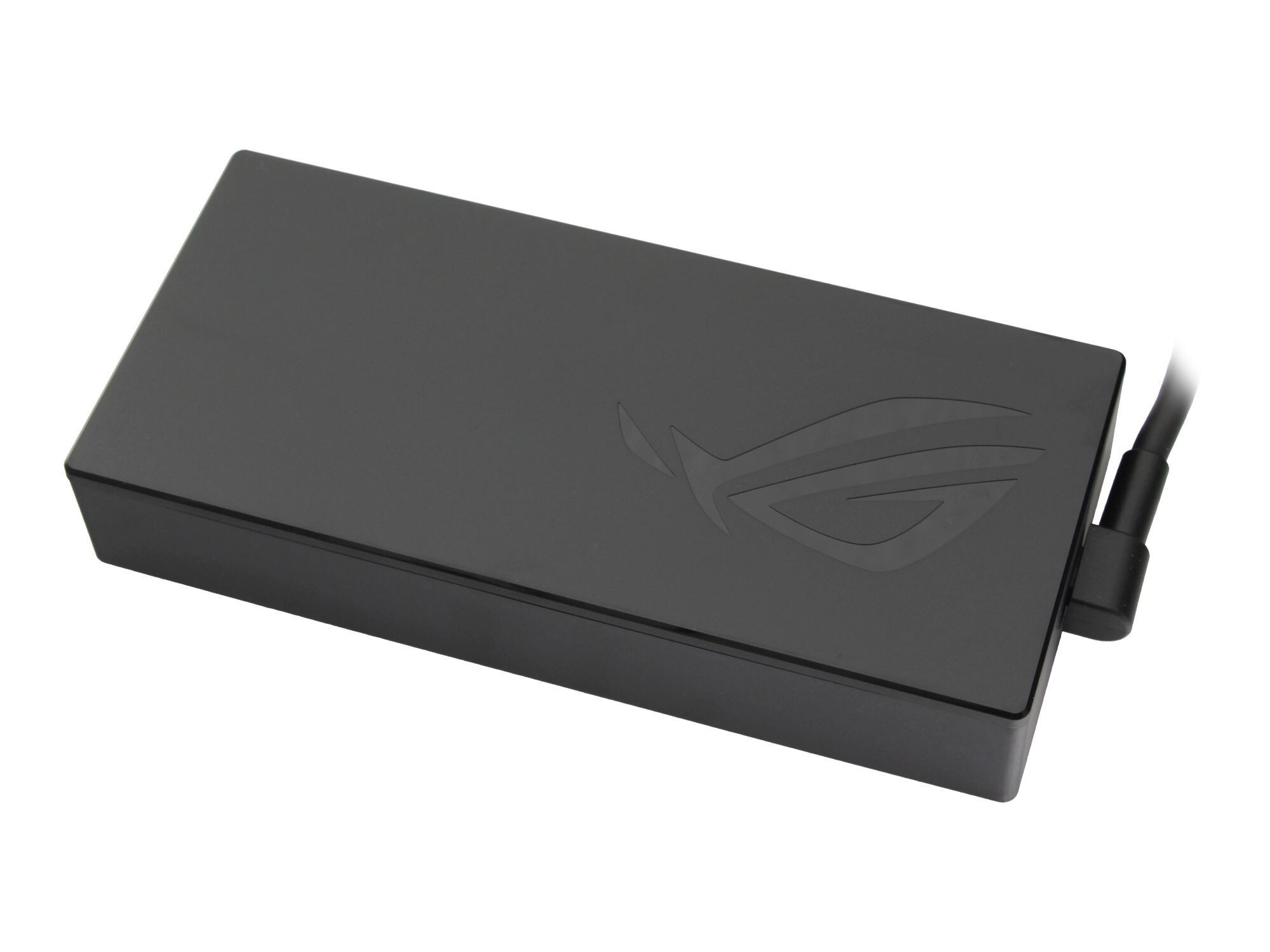 Schwarzer Laptop-Netzteil mit ROG-Logo und Kabelanschluss.