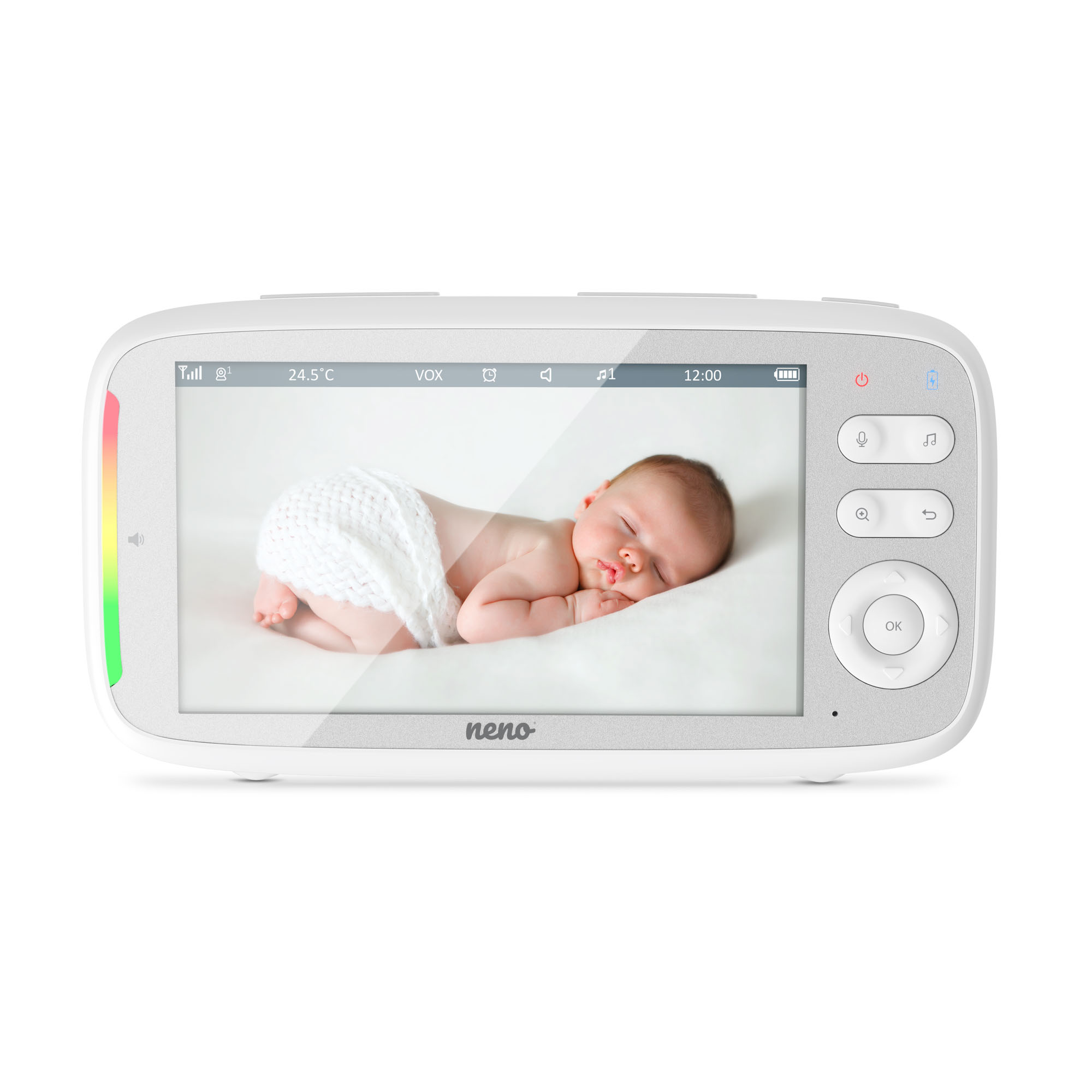 Biały elektroniczny niani pokazuje śpiące dziecko w białym kocyku na jasnym tle.