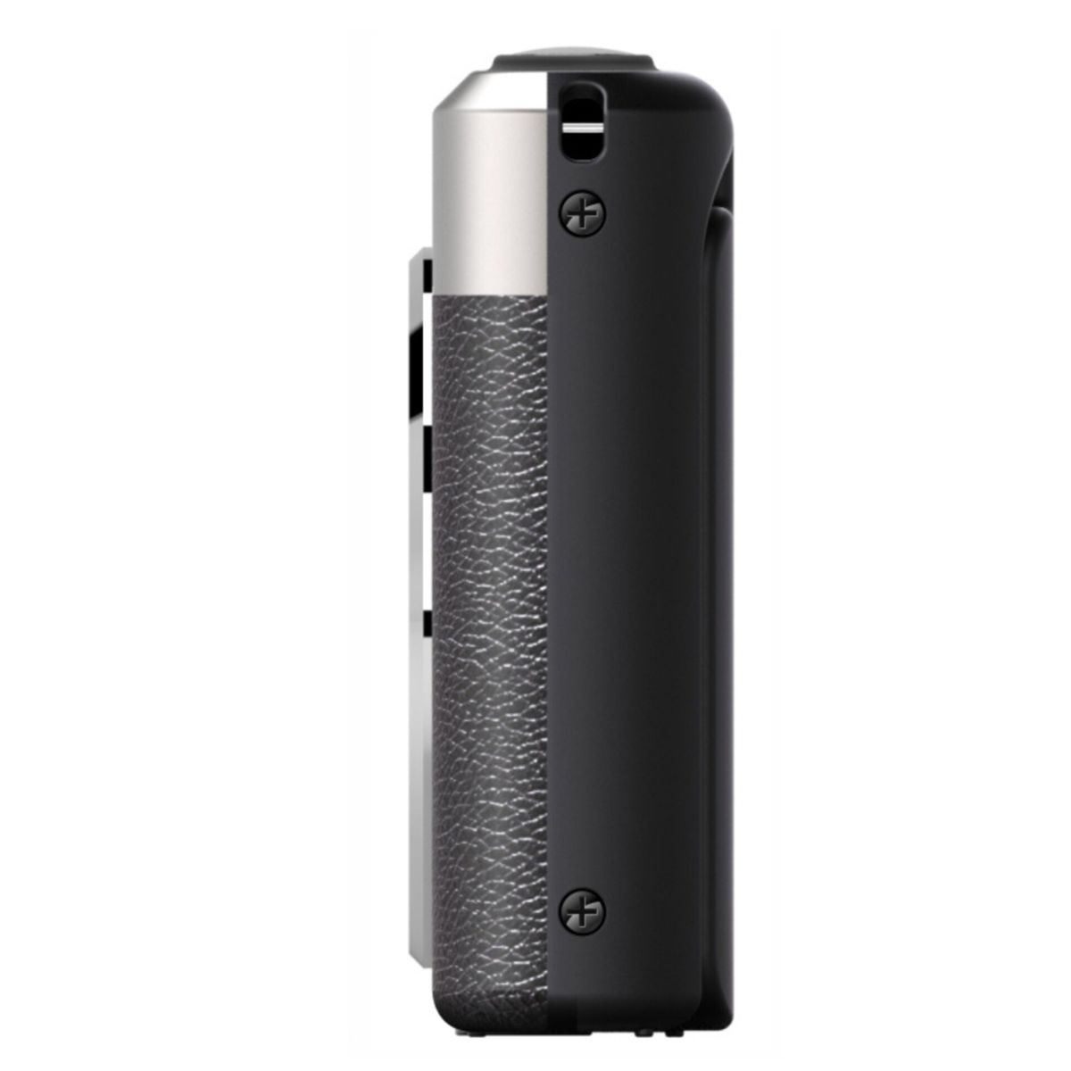 Seitenansicht einer schwarzen Kamera mit silbernem Oberteil und Ledertextur.