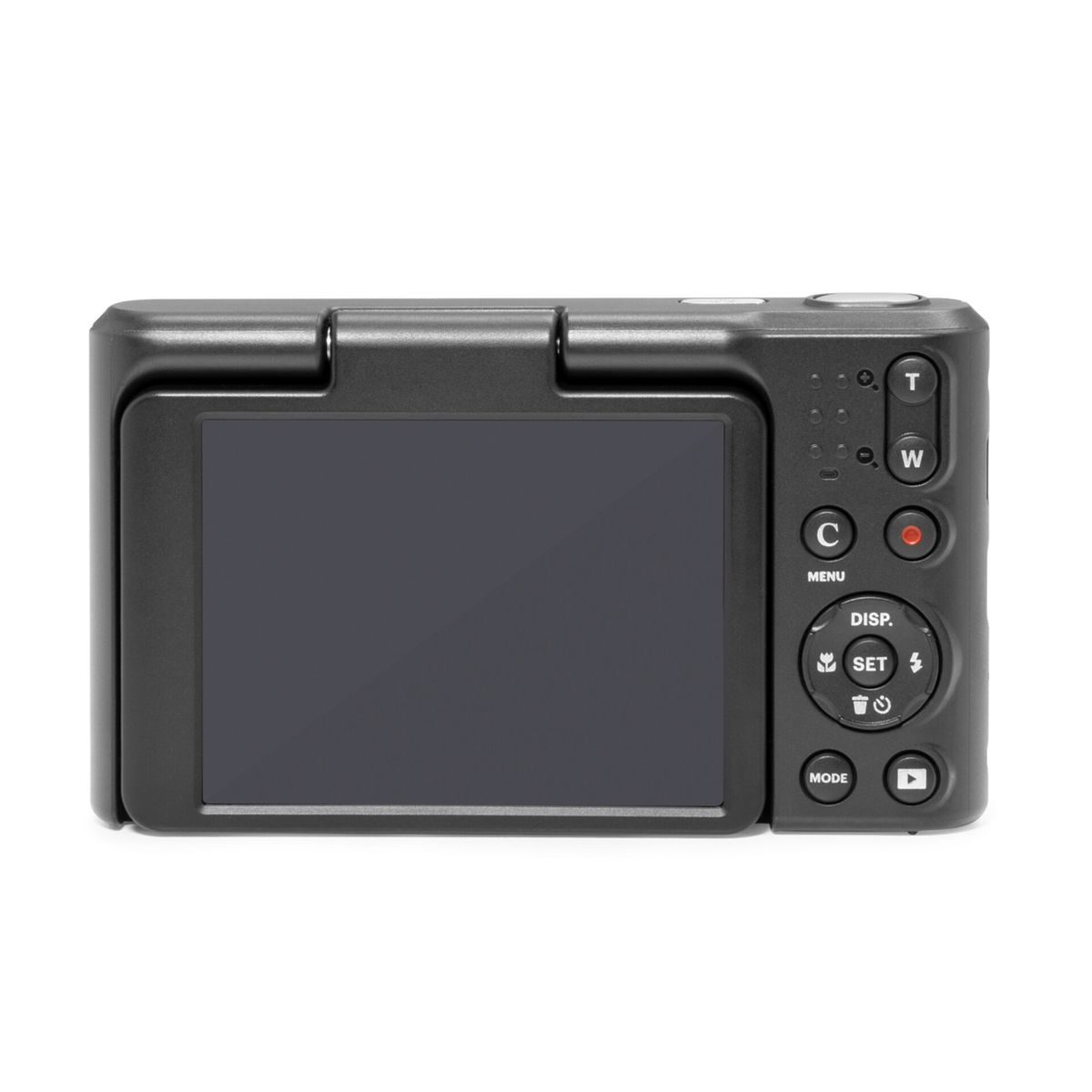 Eine schwarze Digitalkamera mit geöffnetem Bildschirm und Tasten.