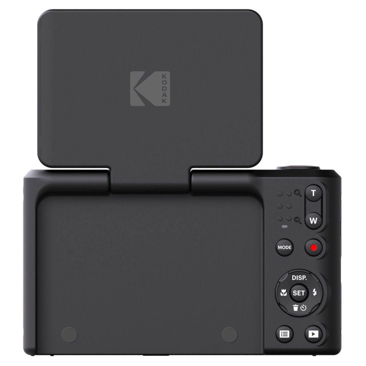 Schwarze Kodak-Kamera mit aufklappbarem Bildschirm und Bedienelementen.