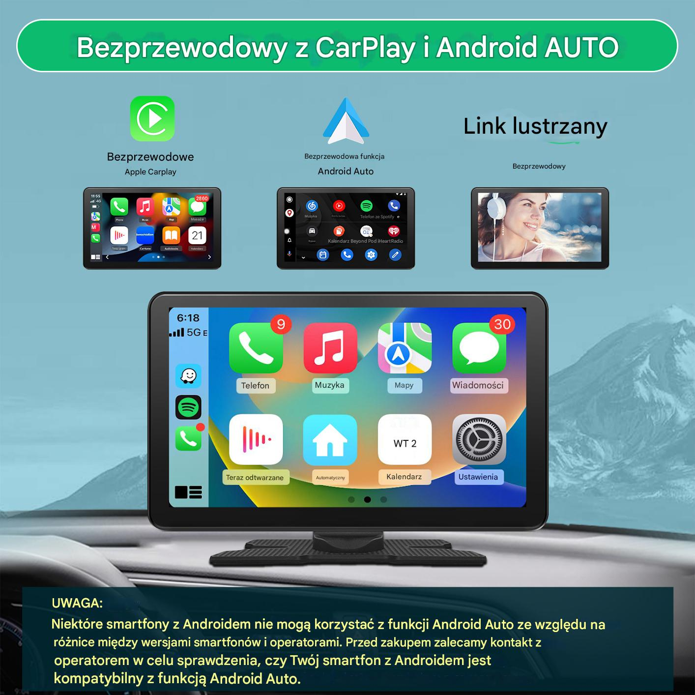 Trzy ekrany telefonów pokazują CarPlay, Android Auto i lustrzane odbicie. Duży ekran z aplikacjami.