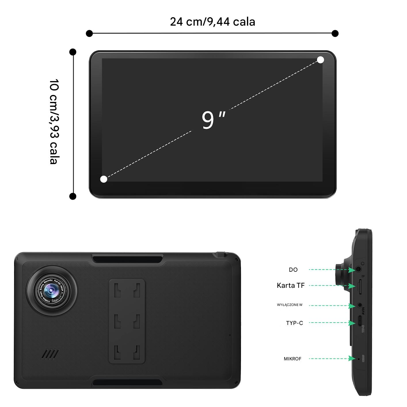9-calowy wyświetlacz tabletu z wymiarami i portami. Tył pokazuje kamerę.