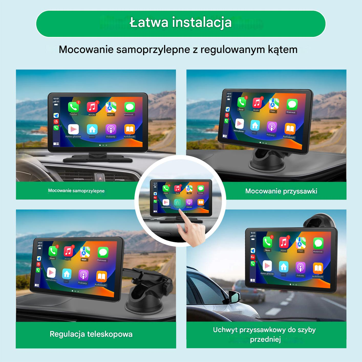 Zdjęcie przedstawia cztery widoki samochodowego uchwytu na telefon z różnymi opcjami mocowania.