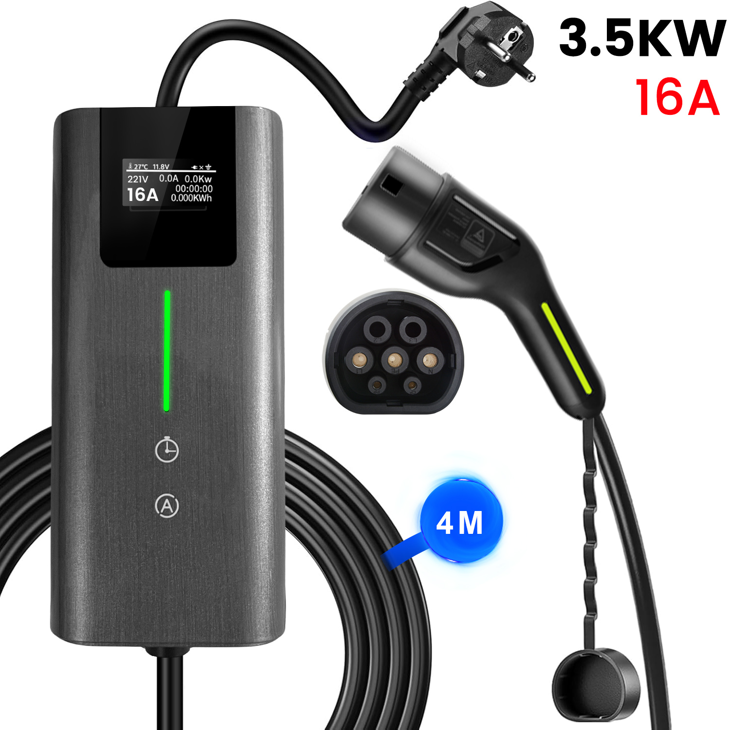 Ładowarka samochodowa EV 16A, 3,5KW, z wyświetlaczem i kablem 4M.