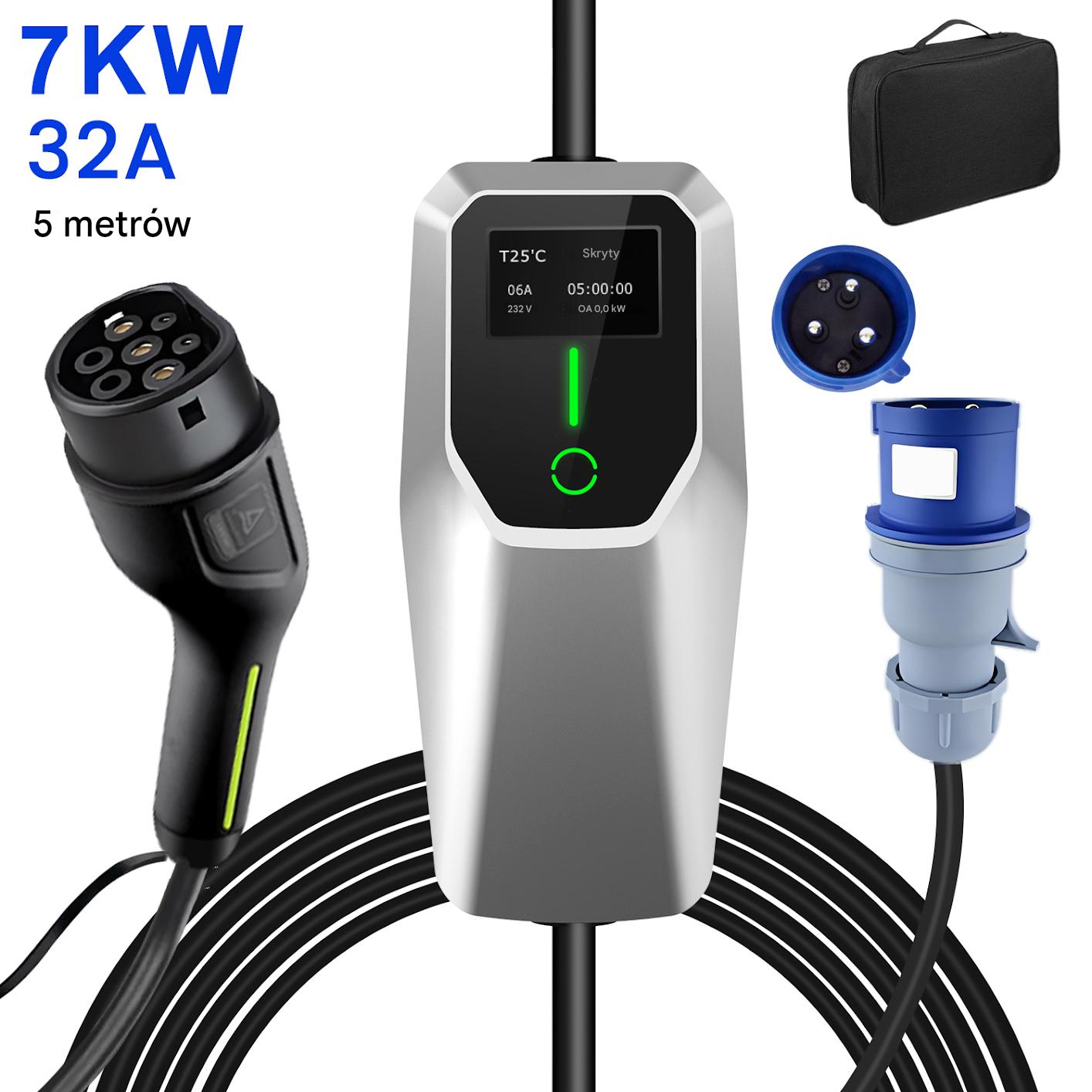 Ładowarka EV z wyświetlaczem, wtyczką, kablem, torbą.