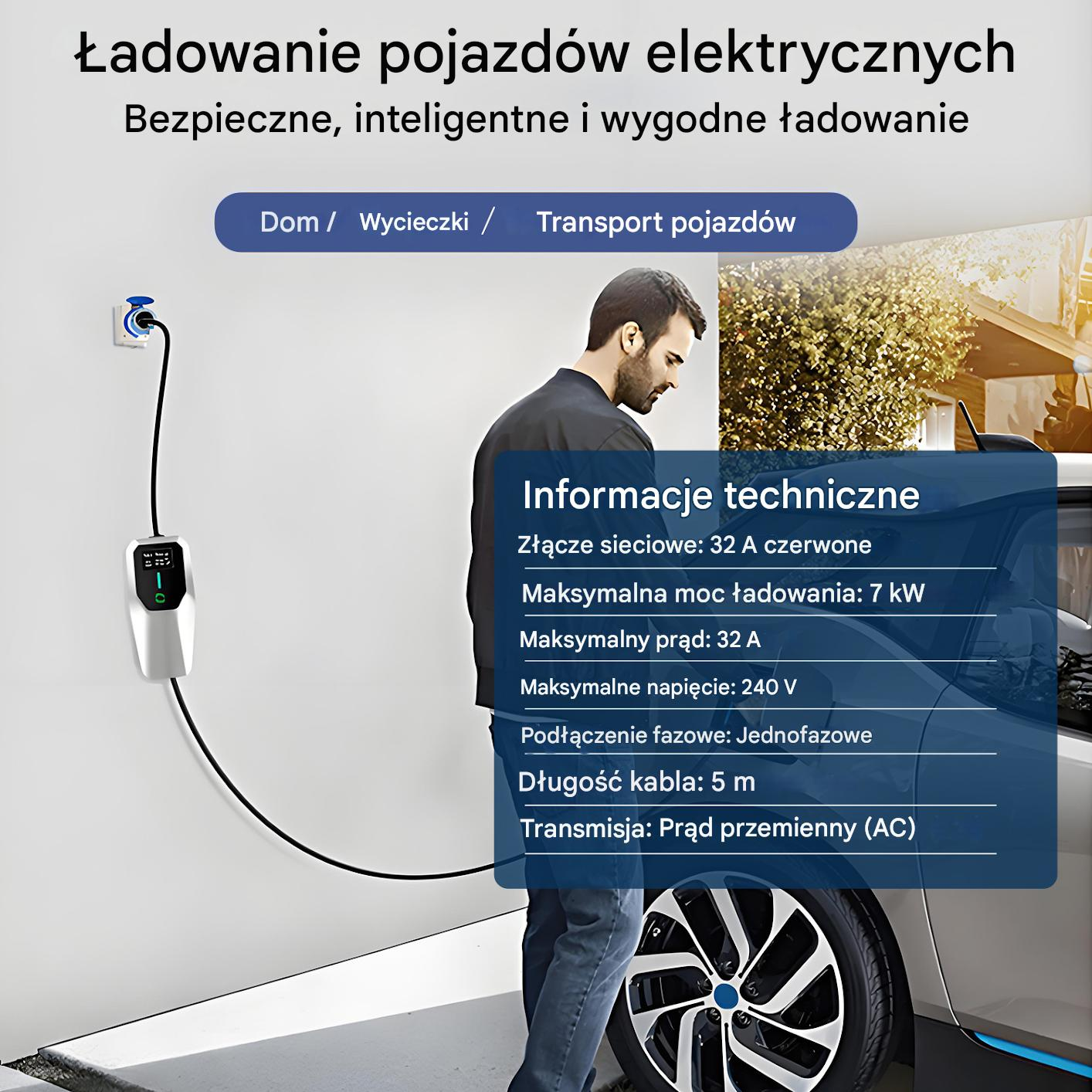 Mężczyzna ładuje samochód elektryczny. Stacja ładowania na ścianie.