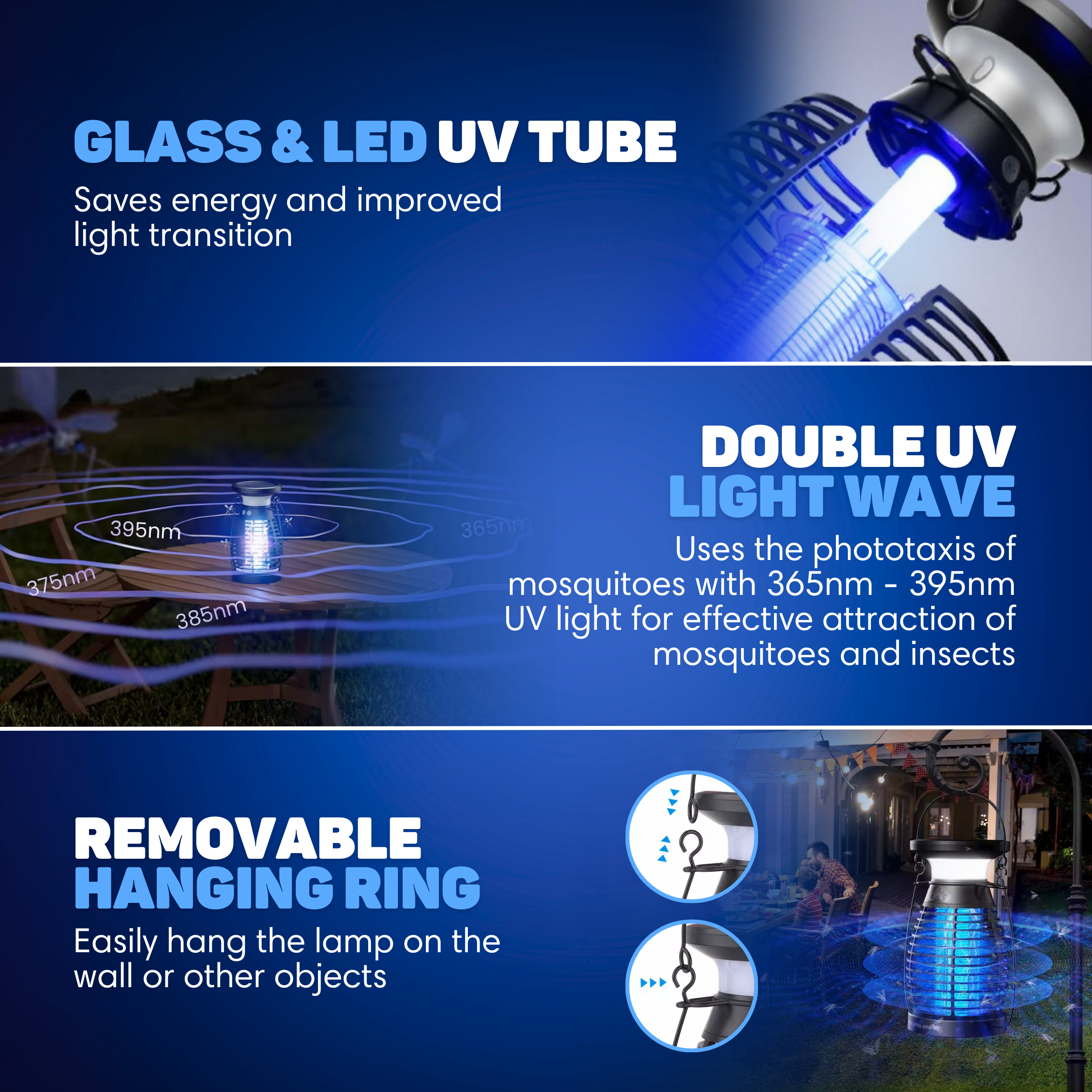 Ein Glas- und LED-UV-Röhren-Insektenvernichter mit Doppel-UV-Lichtwelle und abnehmbarem Ring.