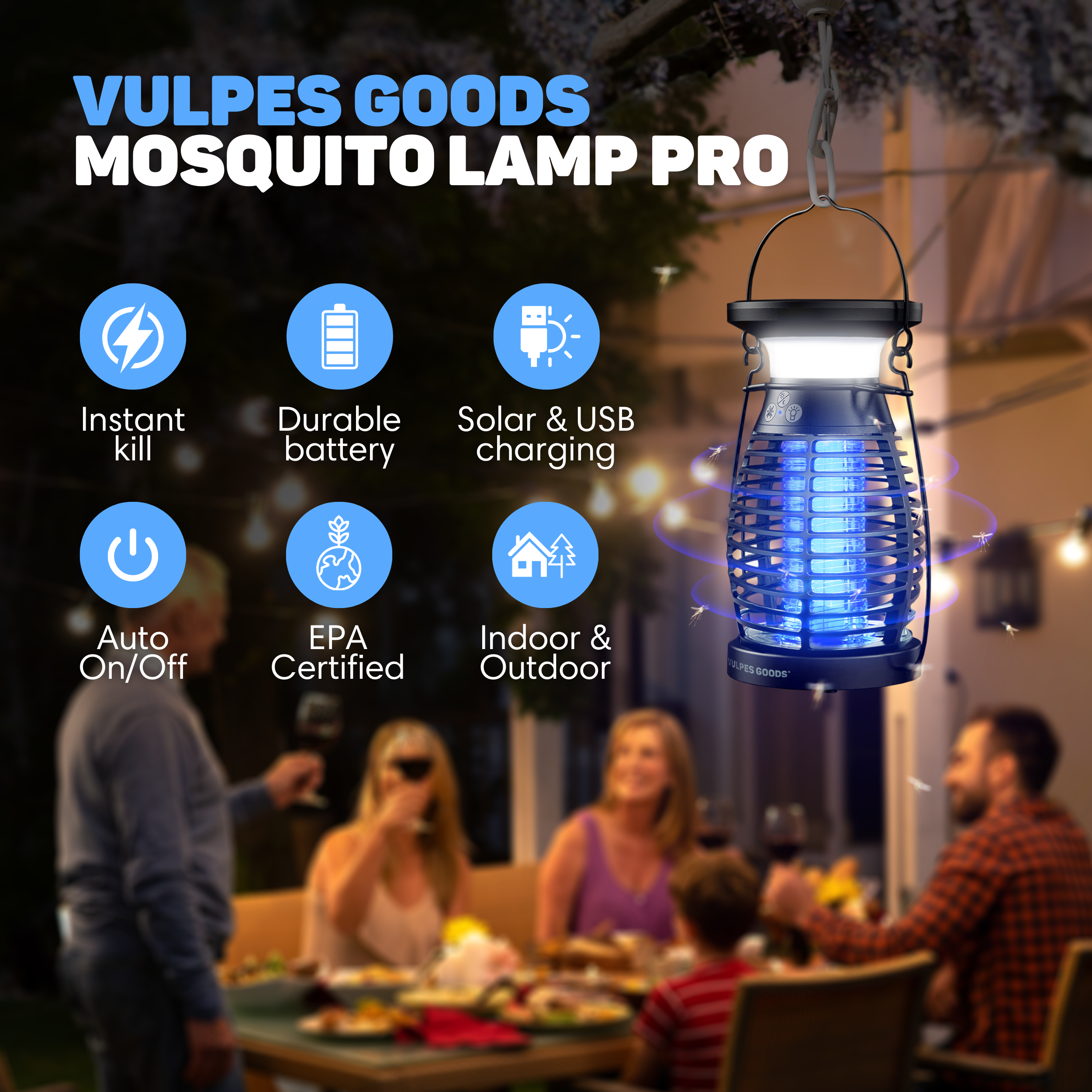 Ein Moskito-Lampe mit blauer LED lockt und tötet Insekten im Freien.