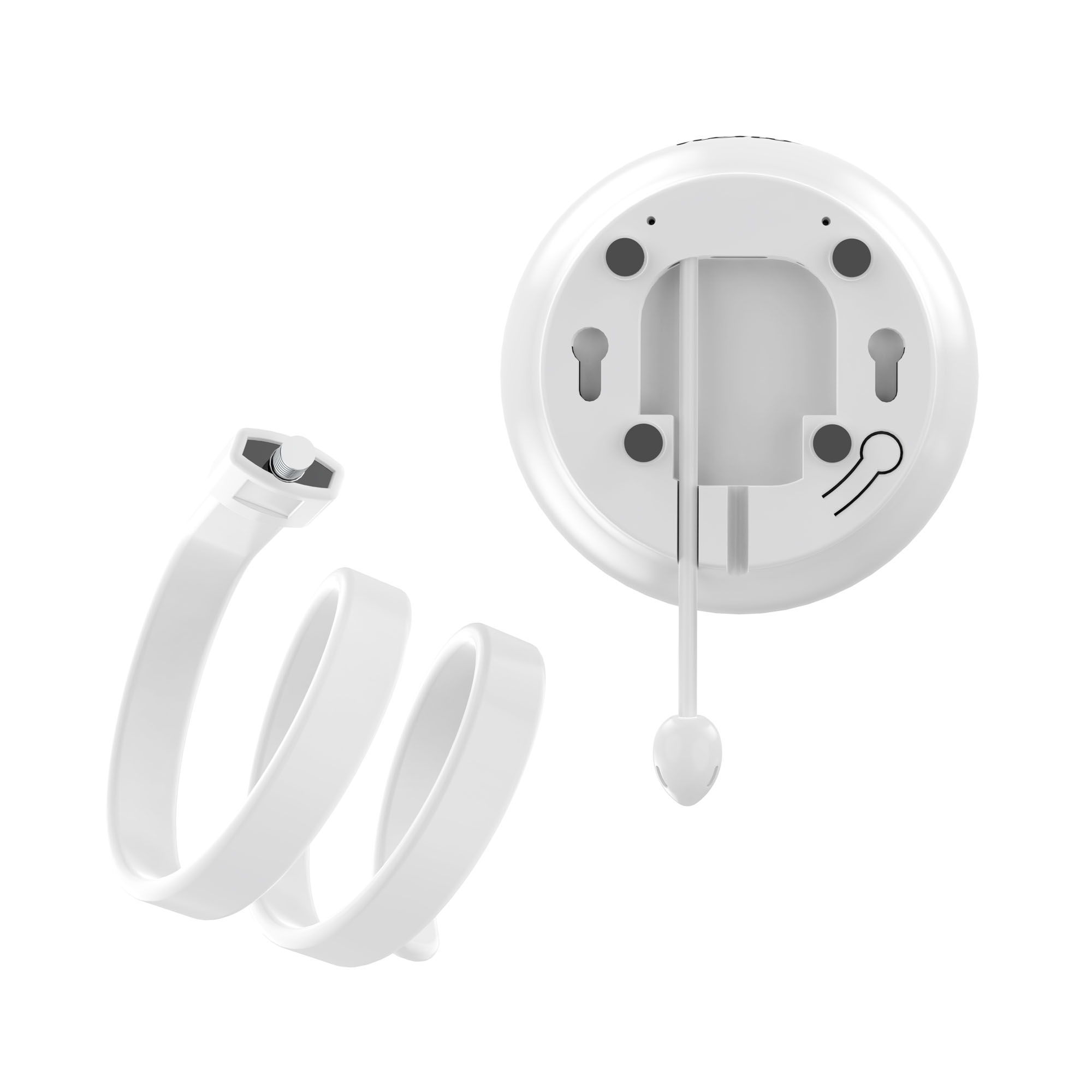 Biały, elastyczny wąż z metalowym końcem i okrągłym uchwytem ściennym.