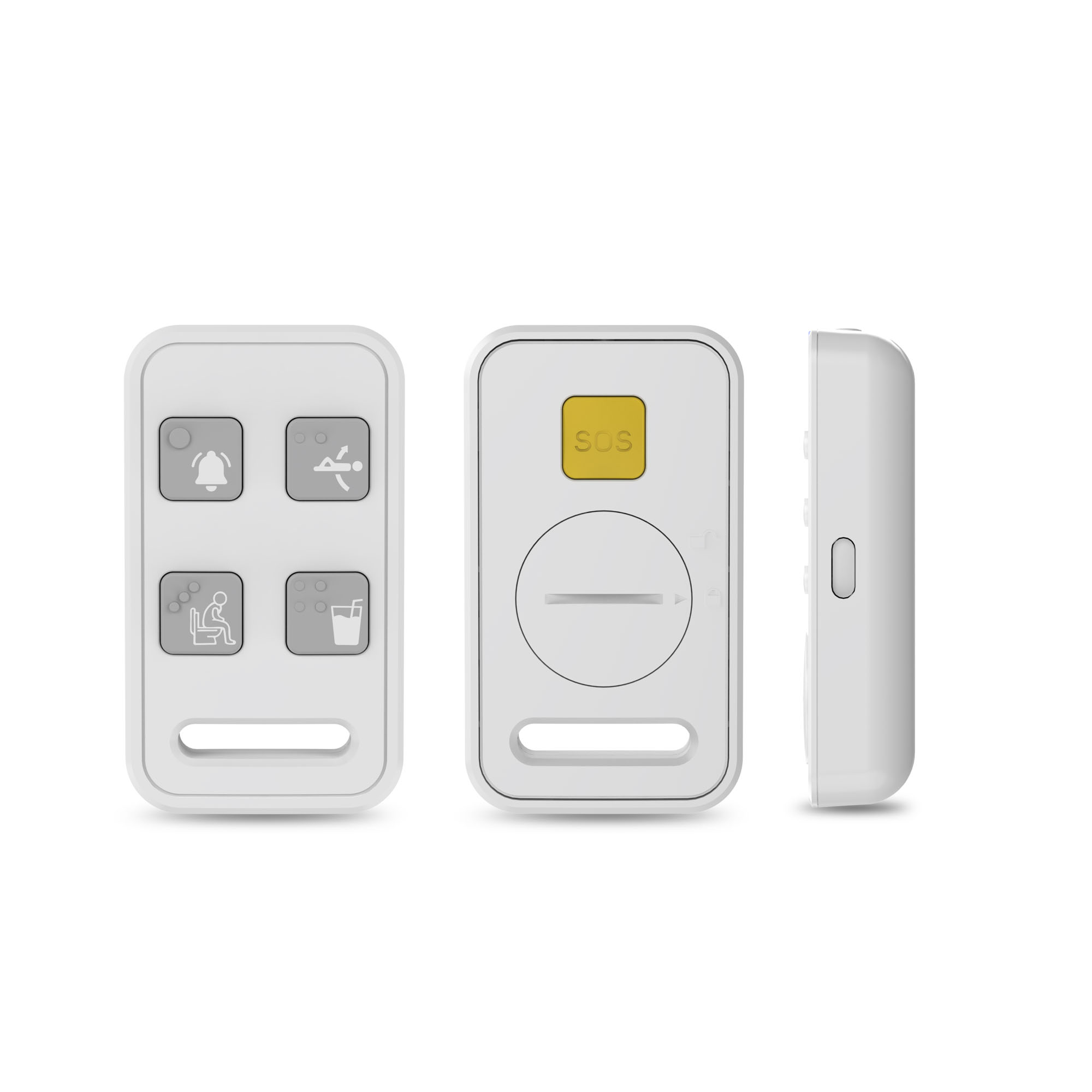 Trzy białe piloty z ikonami alarmu, SOS i łazienki.