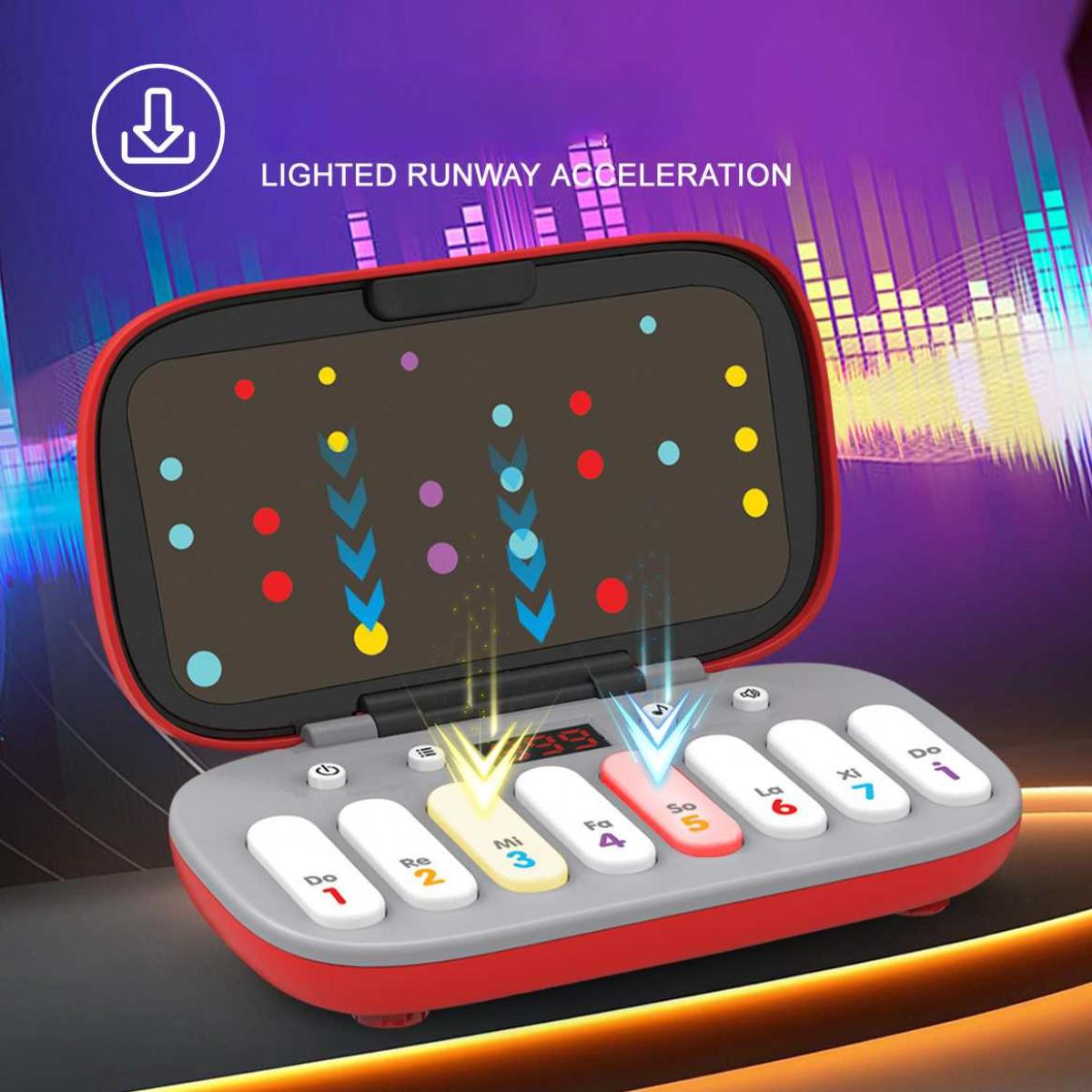 Ein leuchtendes Spielzeugklavier mit bunten Tasten und einem Bildschirm.