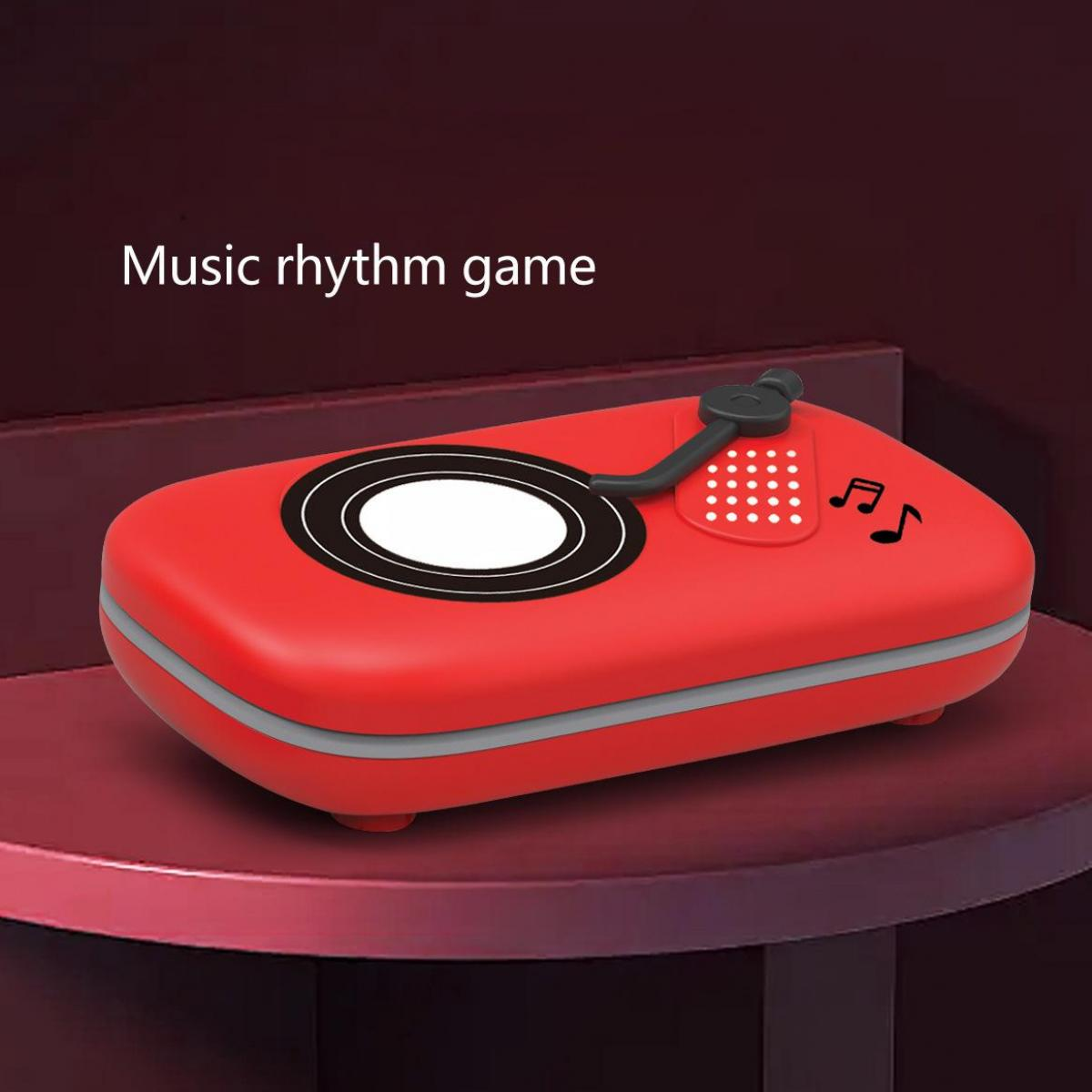 Rotes Musikrhythmusspielzeug im Plattendesign mit Noten und Knöpfen.