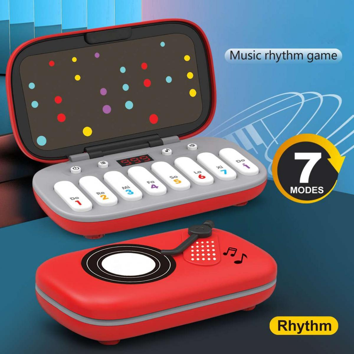 Ein rotes Spielzeug-Keyboard mit Noten und 7 Modi.