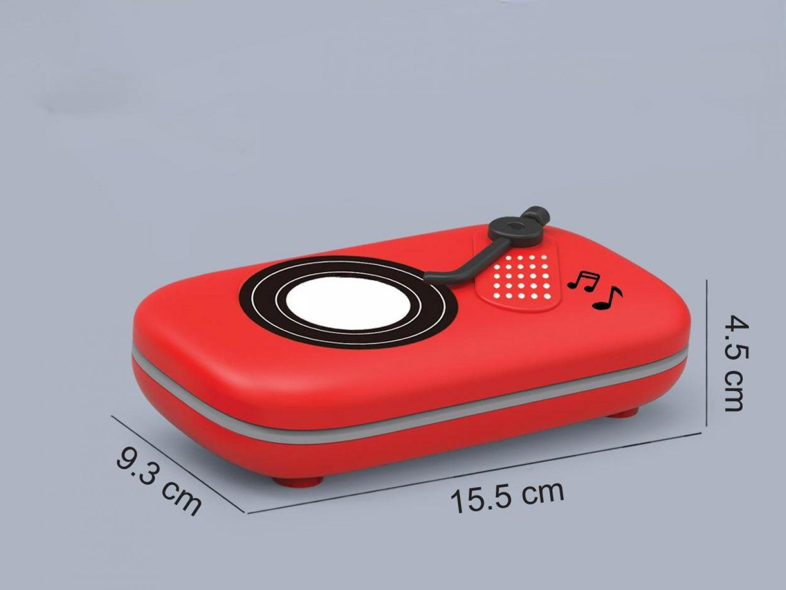 Roter Spielzeugplattenspieler mit Maßen 15.5x9.3x4.5 cm.