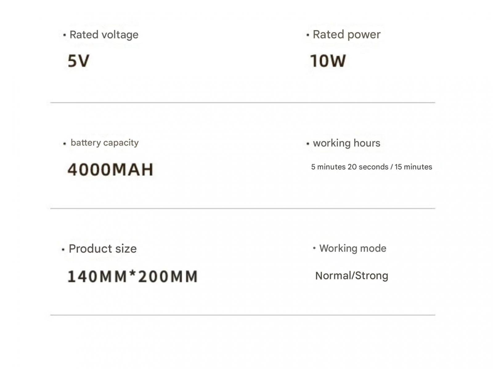 Spezifikationen: 5V, 10W, 4000mAh, 140x200mm, Normal/Stark.
