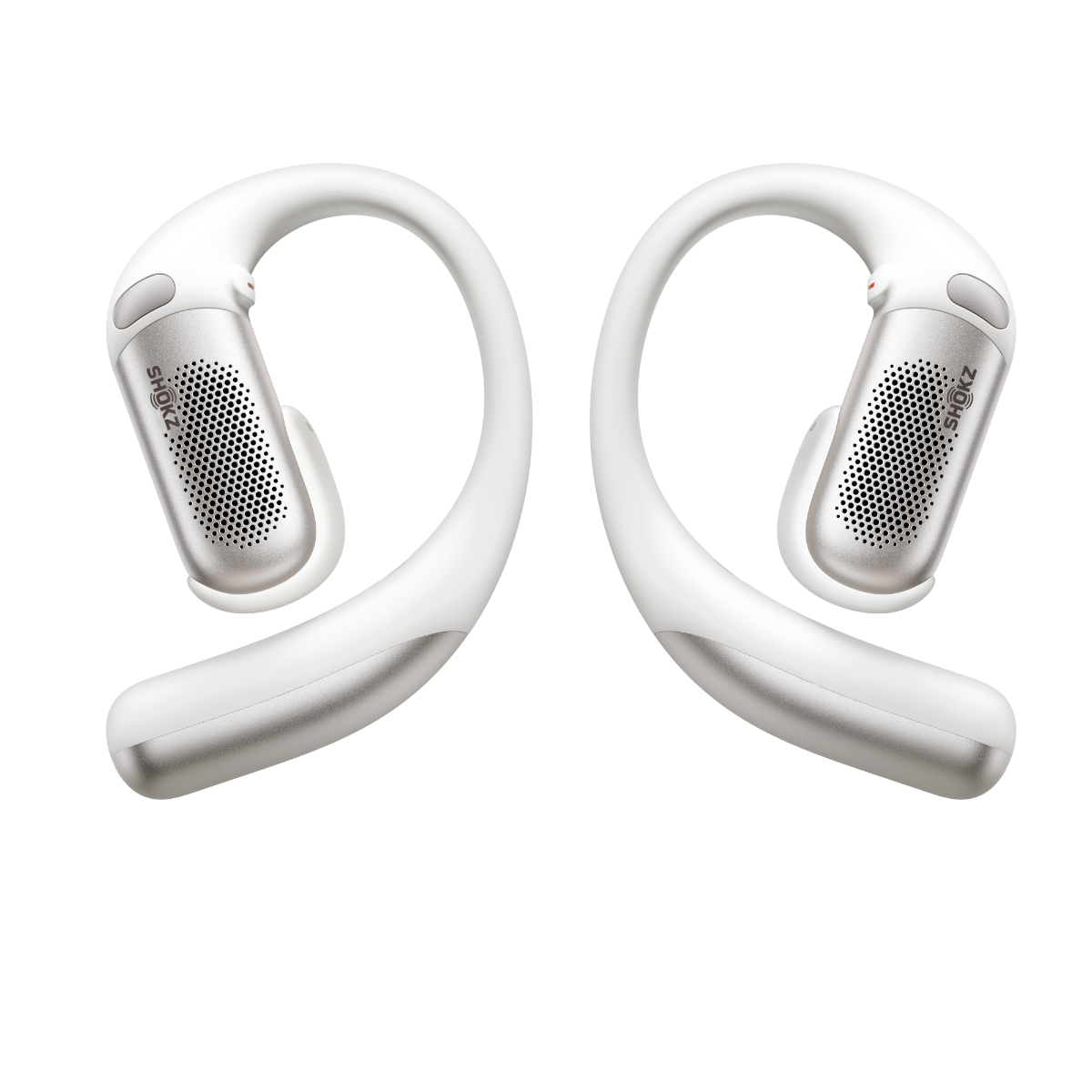 Due cuffie Shokz bianche con accenti argentati, su sfondo bianco.